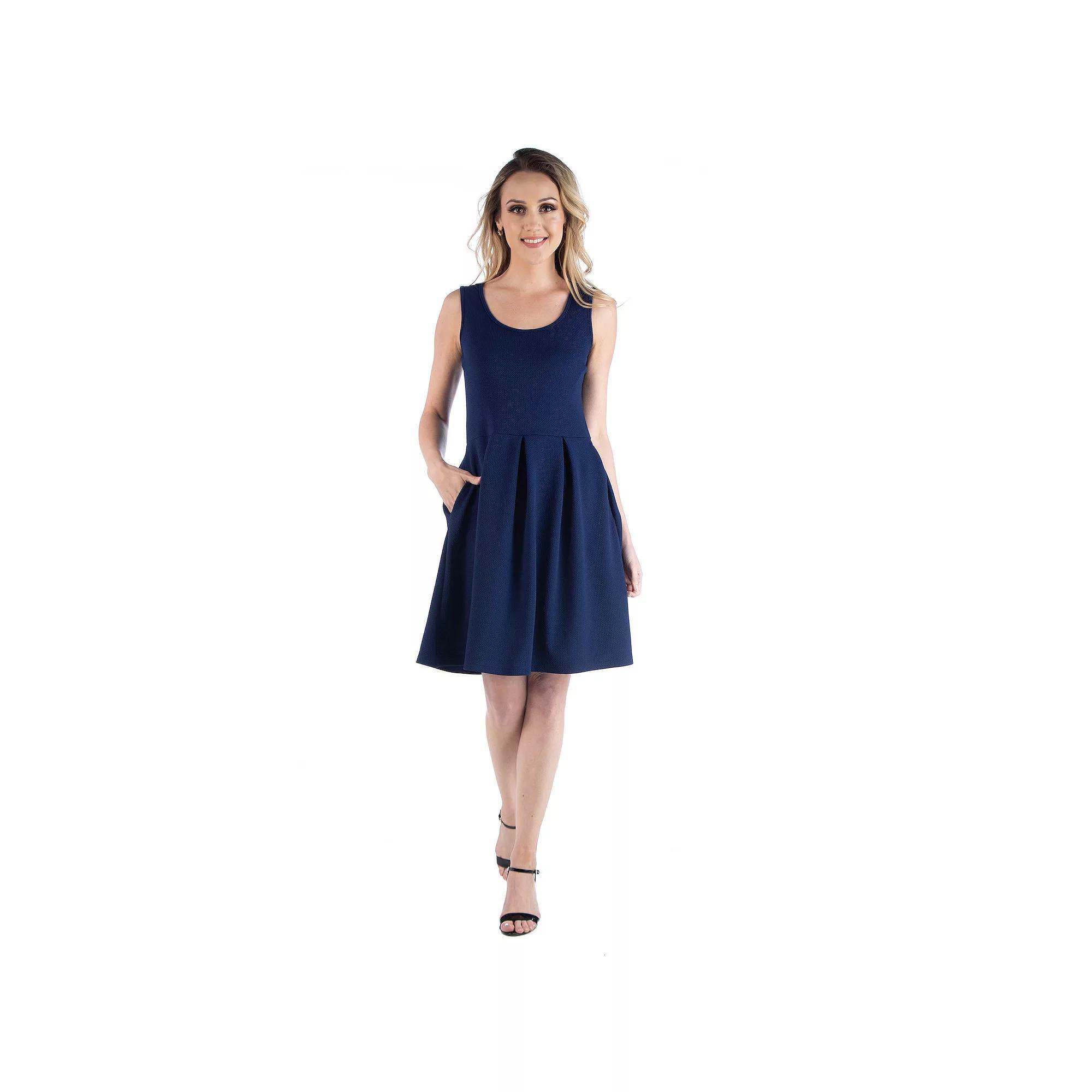 Women's 24seven Comfort Apparel Scoopneck Sleeveless Pleated Skater Dress with Pockets, Size: Medium, Blue Product Image