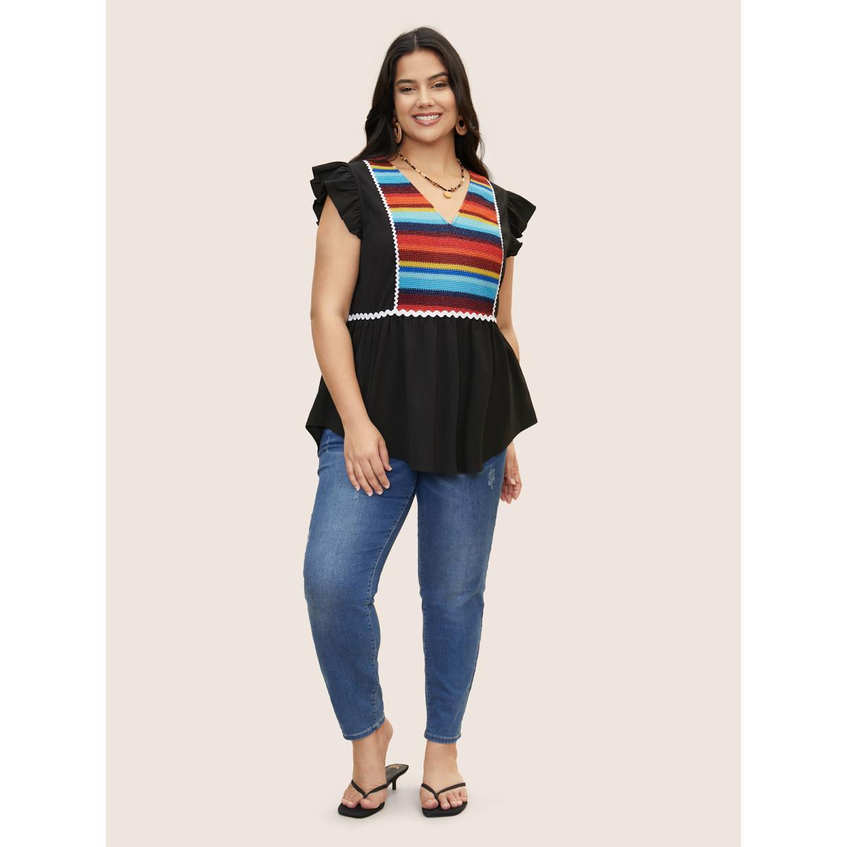 Plus Size Black Contrast Webbing Ruffle Cap Sleeve Blouse Women Resort Cap Sleeve V-neck Vacation Blouses BloomChic 10/M Product Image