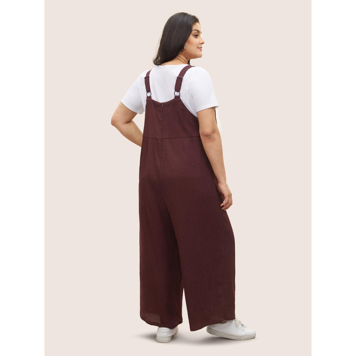 Plus Size Burgundy Plain Textured Patched Pocket Cami Jumpsuit Women Casual Sleeveless Non Everyday Loose Jumpsuits BloomChic 18-20/2X Product Image