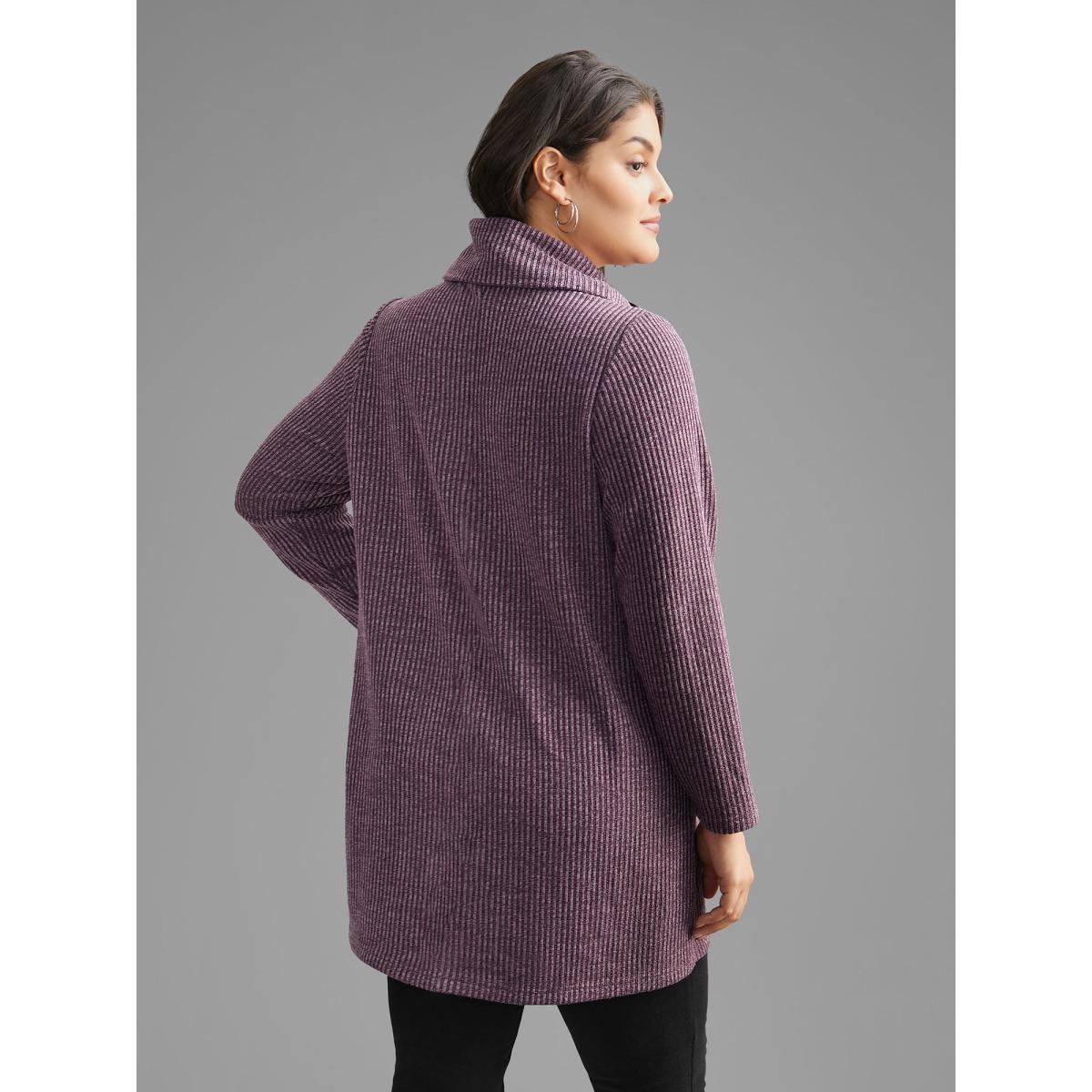 Plus Size Rib Knit Button Detail Wrap Hem Sweatshirt Women Mauve Casual Overlapping Loose Ruffled collar Everyday Sweatshirts BloomChic 30/6X Product Image