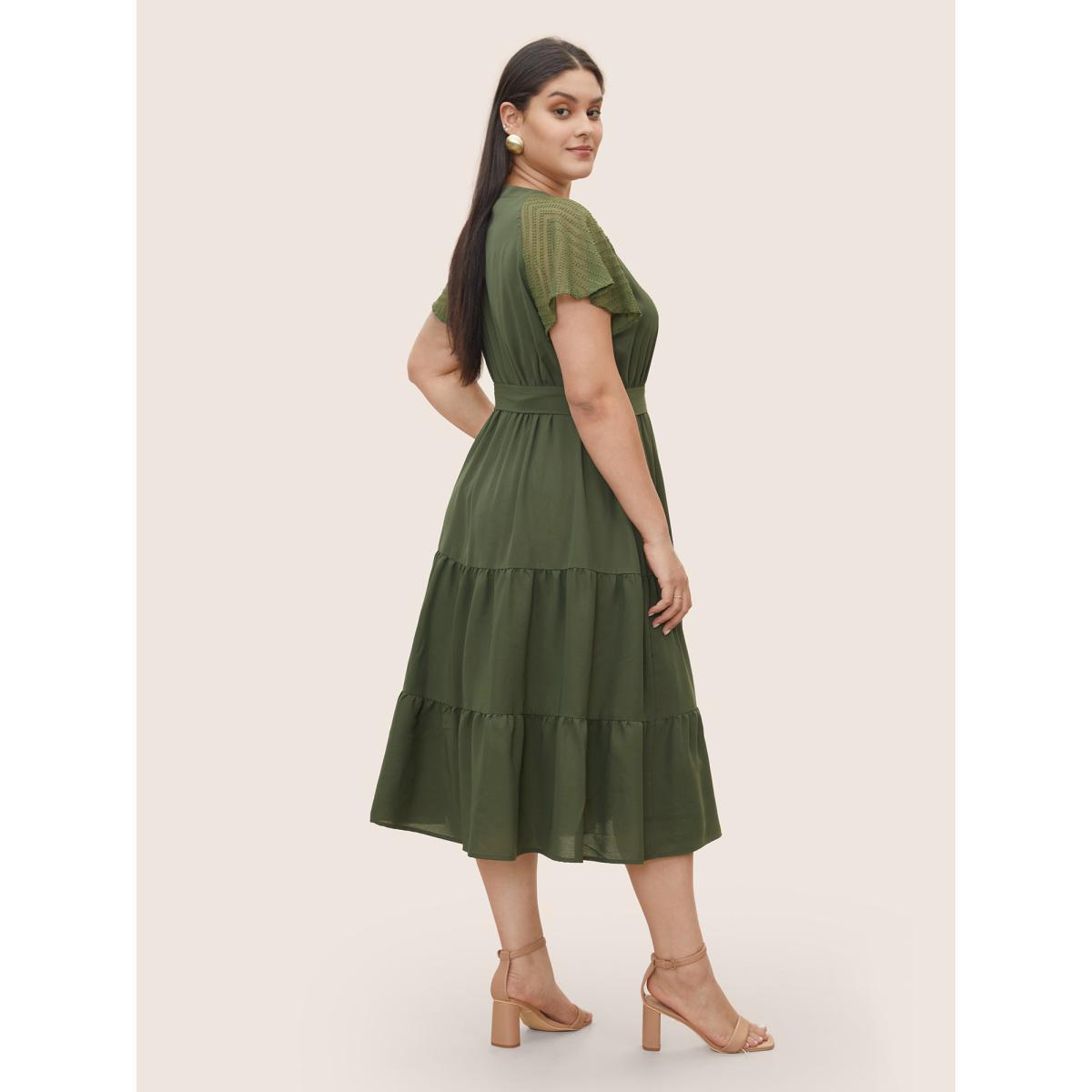 Plus Size Texture Patchwork See Through Raglan Sleeve Dress ArmyGreen Women At the Office Texture Flat collar with V-notch Short sleeve Curvy Midi Dress BloomChic 14-16/1X Product Image
