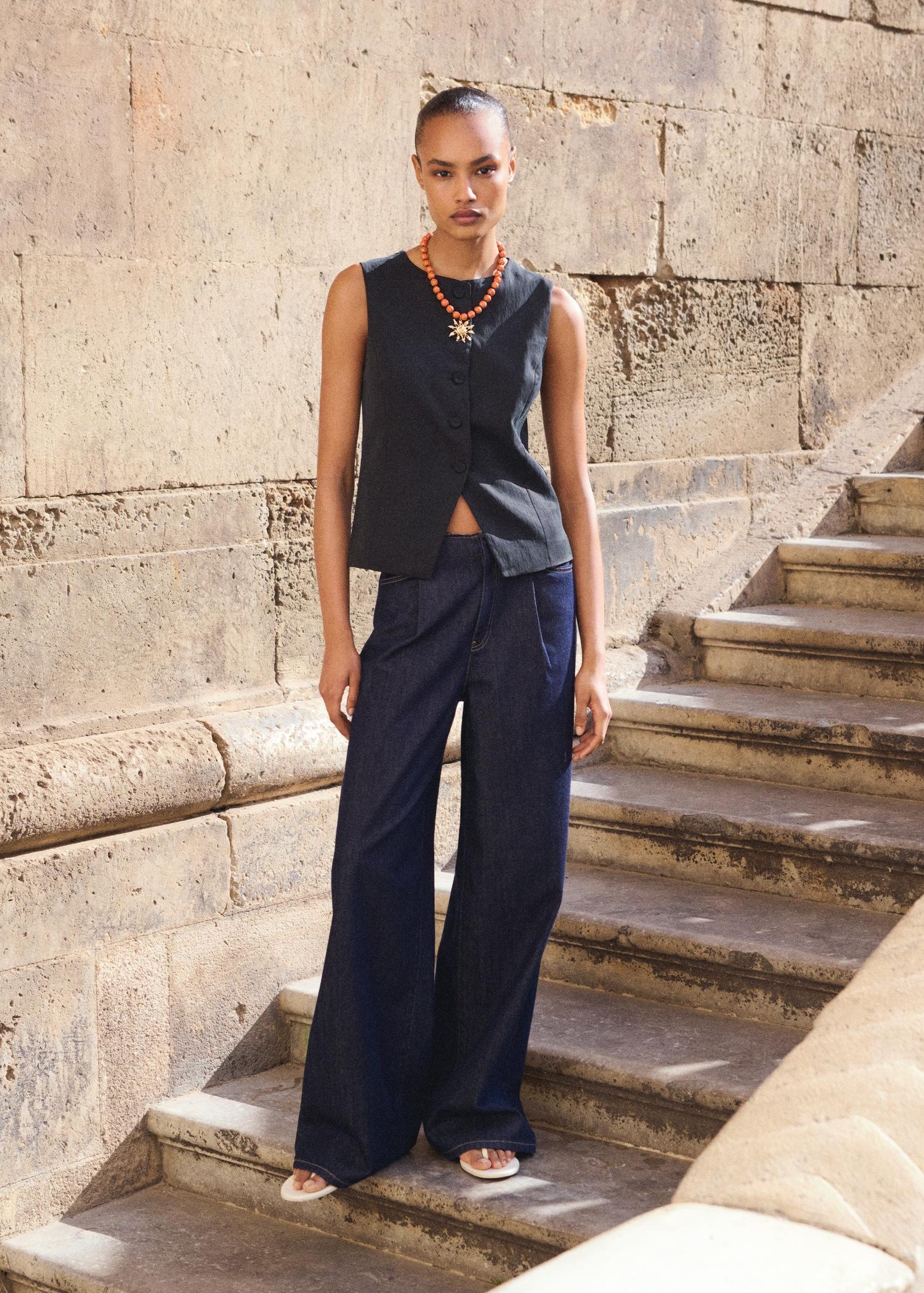 Wide-leg denim pants with frayed waist - Women | MANGO USA Product Image
