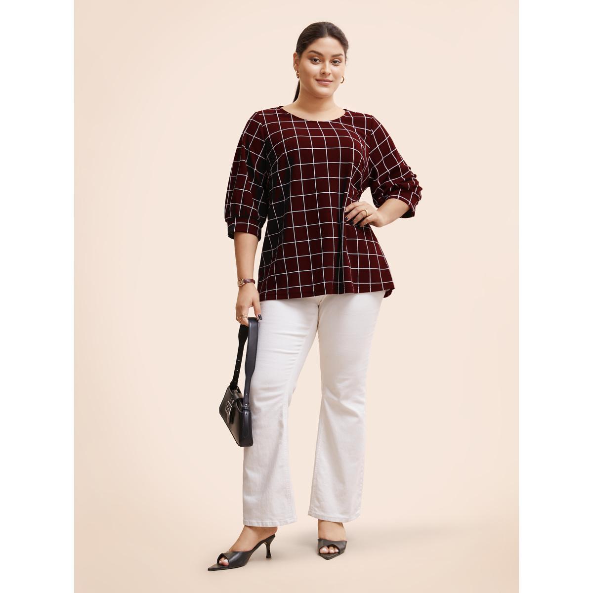 Plus Size Plaid Round Neck Lantern Sleeve T-shirt Burgundy Women At the Office Printed Plaid Round Neck Work T-shirts BloomChic 10/M Product Image