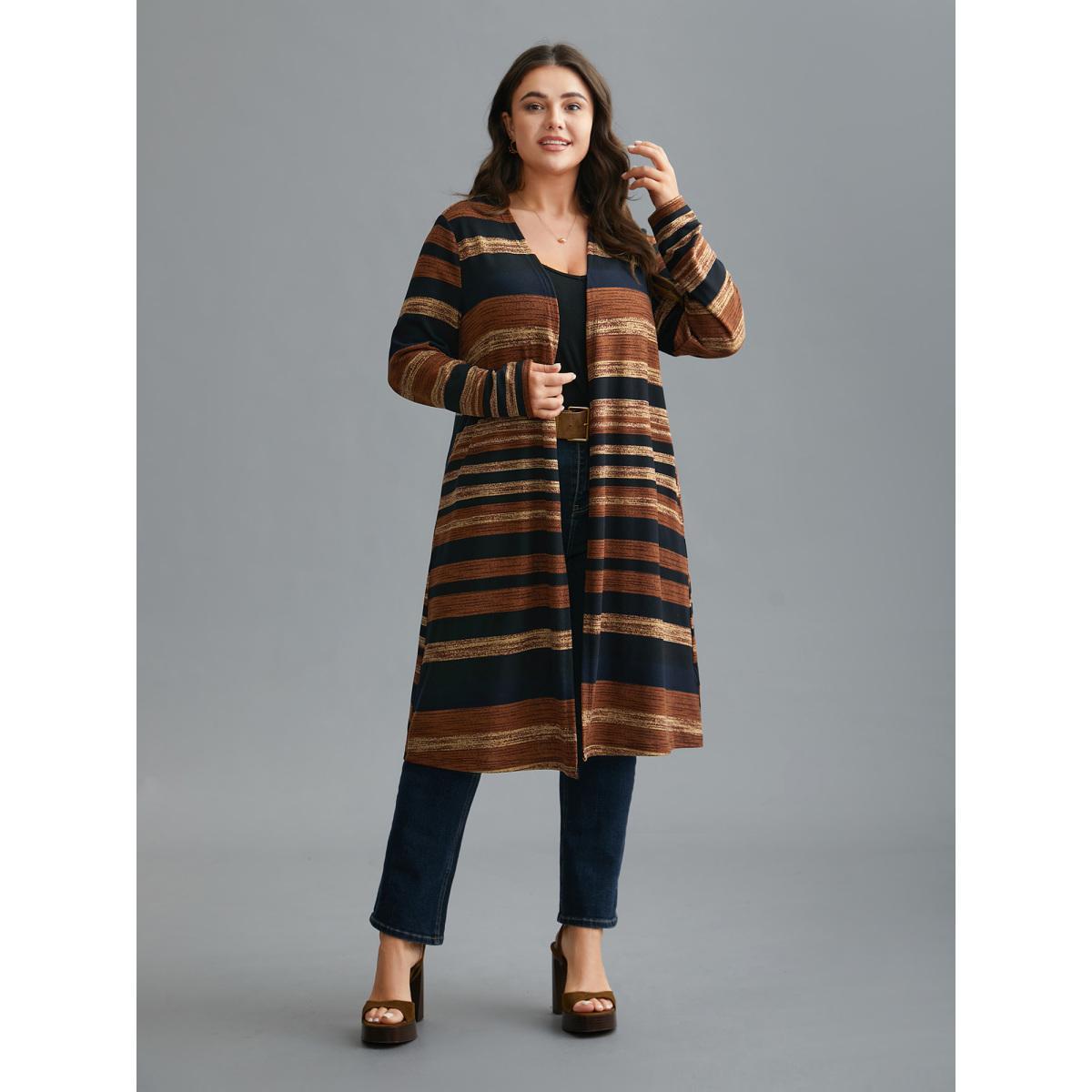 Plus Size Multi-Color Striped Open-Front Long Jacket Women Multicolor Contrast Loose Everyday Jackets BloomChic 22-24/3X Product Image