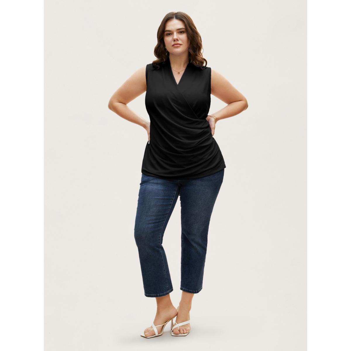 Plus Size Overlap Collar Solid Pleated Tank Top Women Black Elegant Pleated Overlap Collar Everyday Tank Tops Camis BloomChic 14-16/1X Product Image