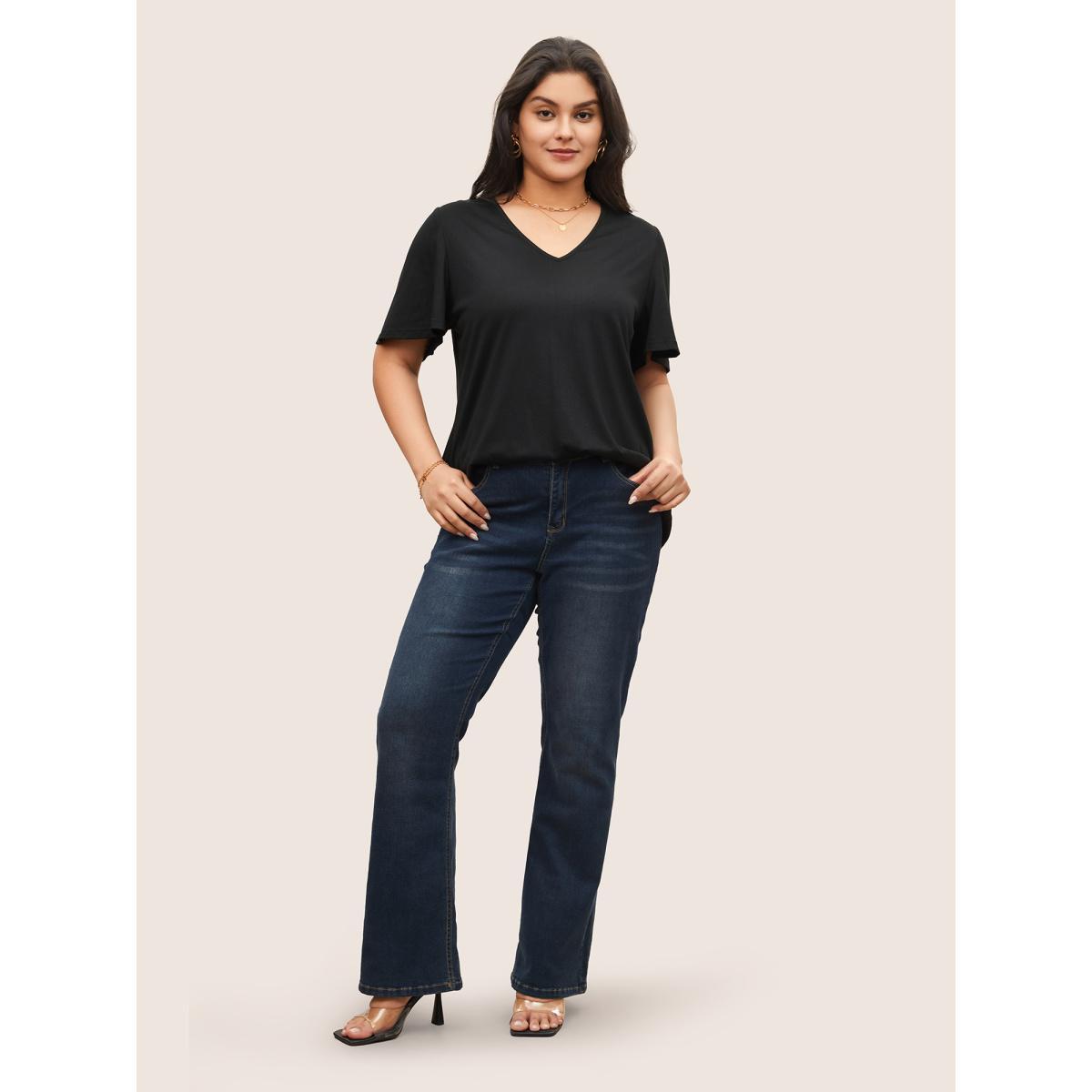 Plus Size Butterfly Crochet Lace Mesh V Neck T-shirt Black Women Elegant See through Animal Round Neck Everyday T-shirts BloomChic 26/4X Product Image