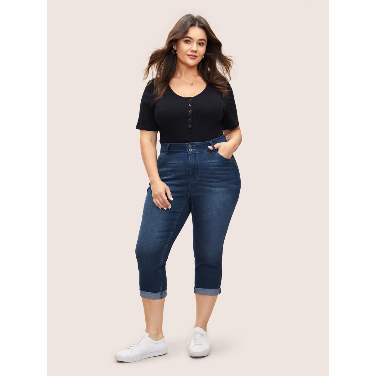 Plus Size Bodycon Roll Hem Medium Wash Jeans Women Blue Casual Plain Non High stretch Slanted pocket Jeans BloomChic 30/6X Product Image