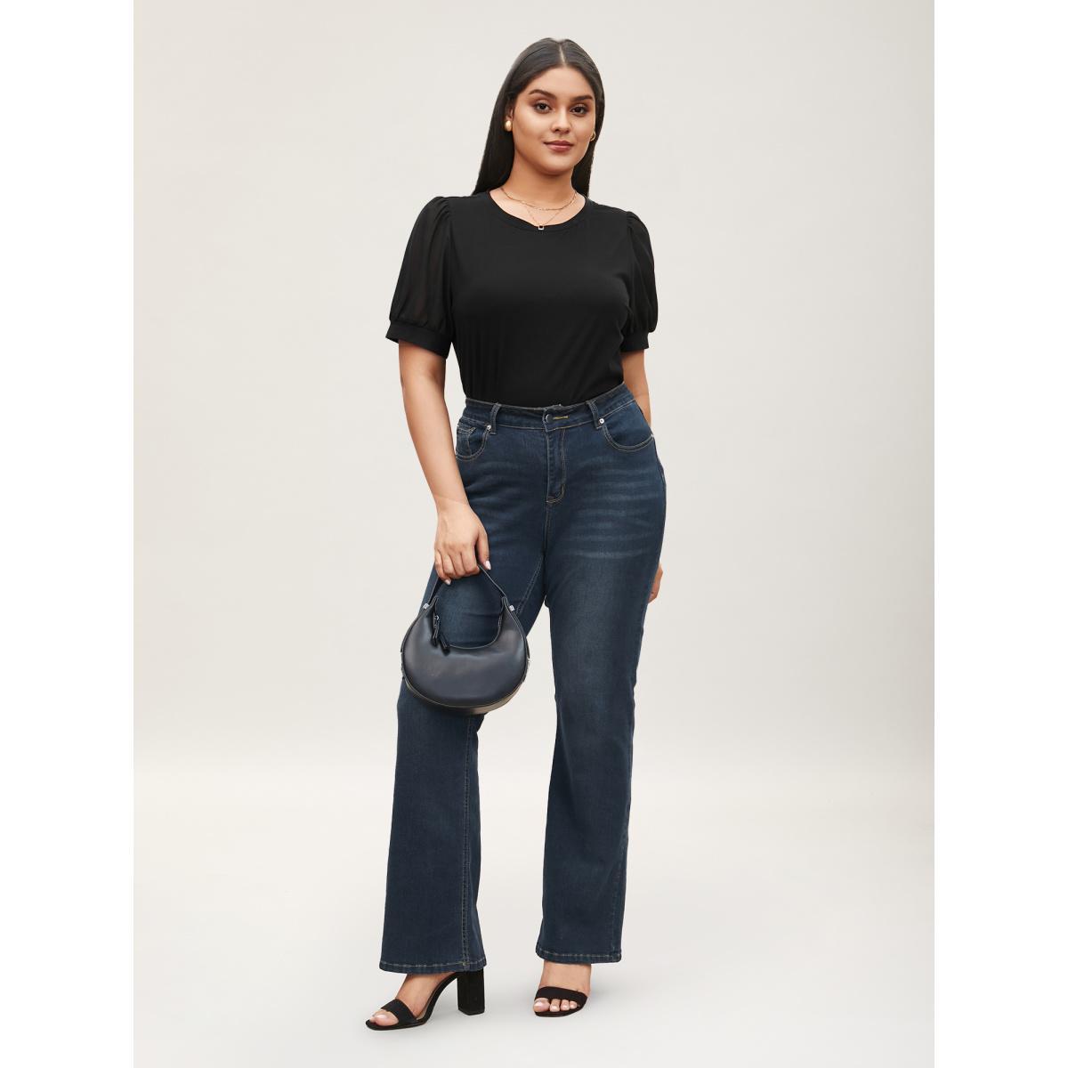 Plus Size Solid Chiffon Patchwork Puff Sleeve T-shirt Black Women Workwear Essentials Patchwork Round Neck Work T-shirts BloomChic 18-20/2X Product Image