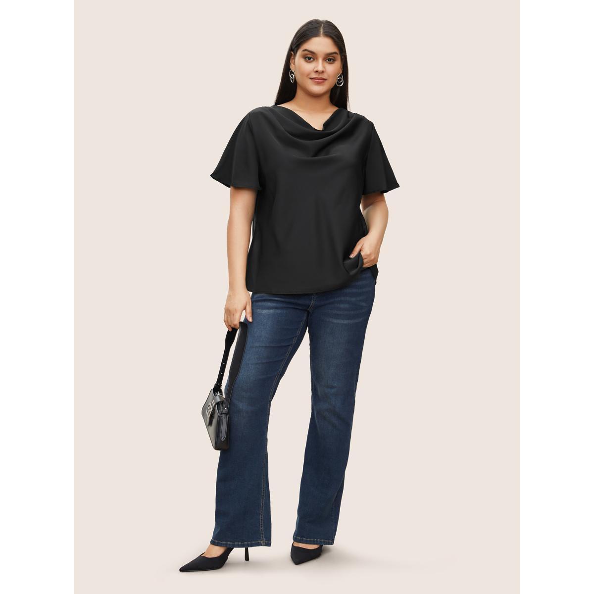 Plus Size Black Plain Cowl Neck Ruffle Sleeve Blouse Women Work From Home Short sleeve Cowl Neck Work Blouses BloomChic 26/4X Product Image