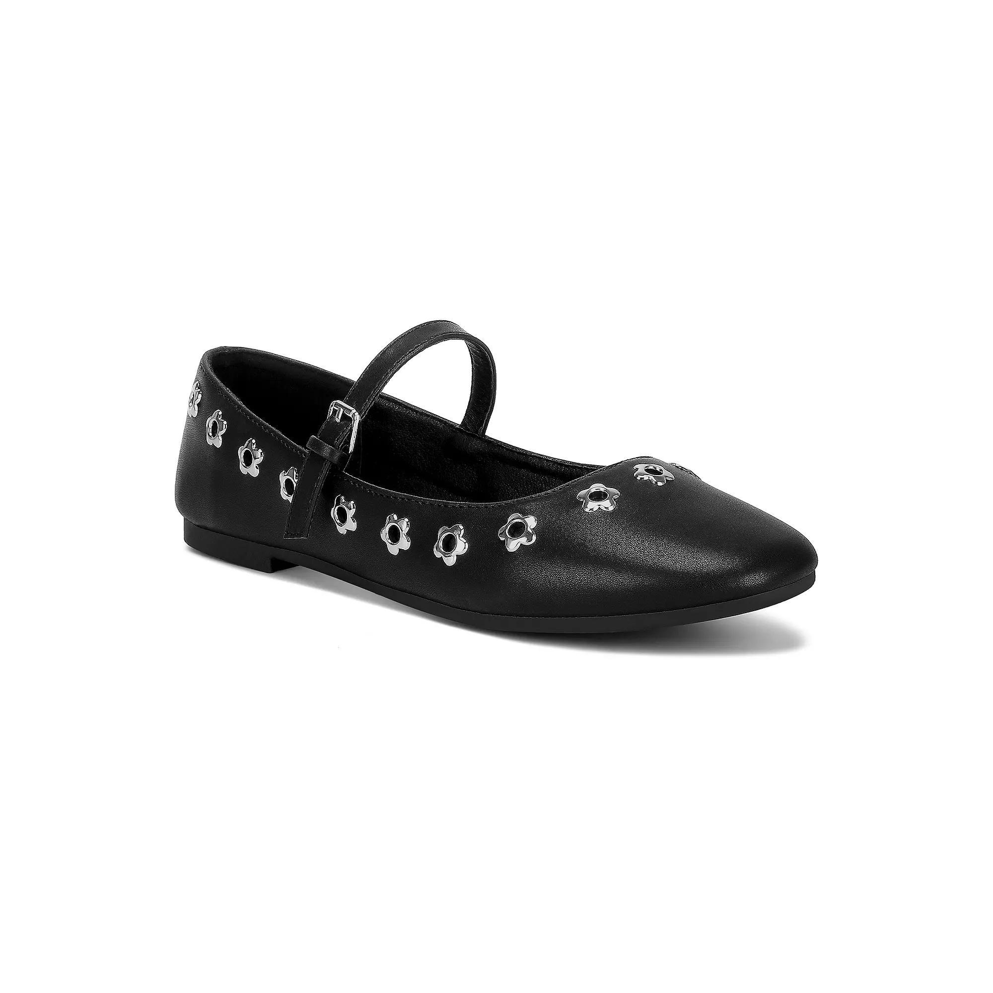 London Rag Floral Eyelet Women's Strapped Ballet Flats, Size: 7, Black Product Image