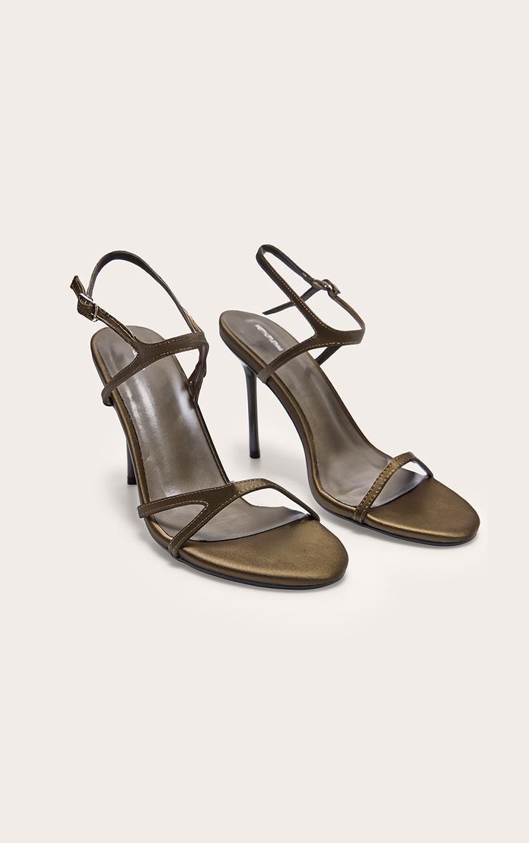 Olive Satin Round Toe Asymmetric Strap High Stiletto Heeled Sandals Product Image