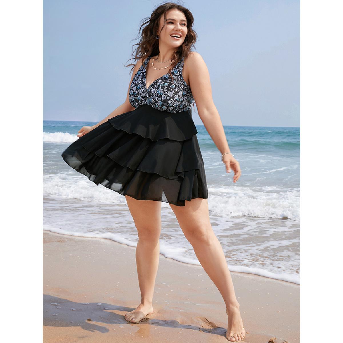 Plus Size Floral Patchwork Ruffle Tiered Swim Dress Women's Swimwear Black Vacation Bodycon V-neck High stretch Curve Swim Dresses BloomChic 14-16/1X Product Image
