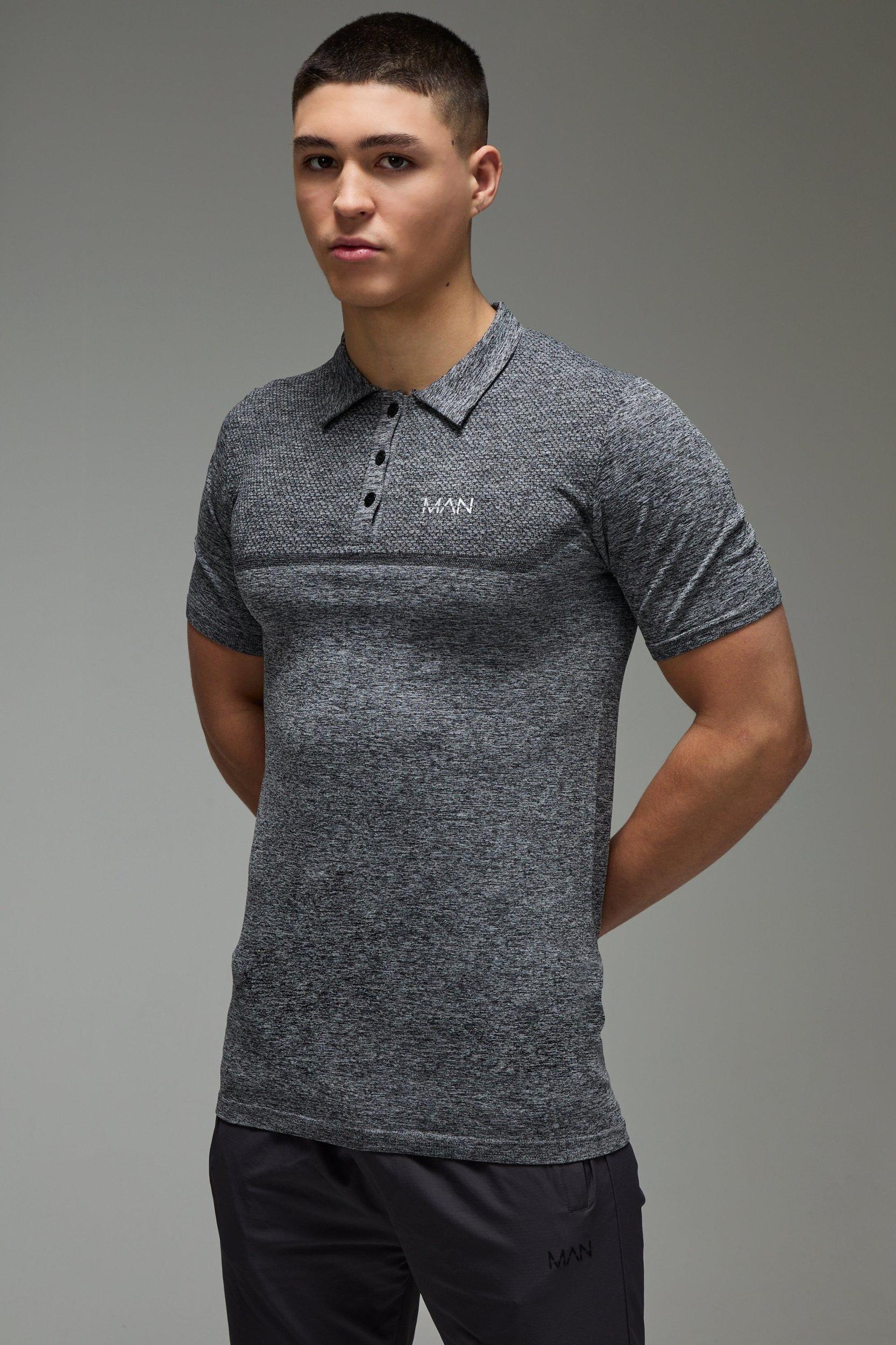 Mens Man Active Muscle Fit Seamless Marl Golf Polo - Grey Product Image