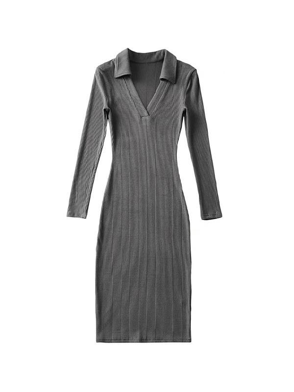 Solid V Neck Elastic Knit Midi Dress Product Image