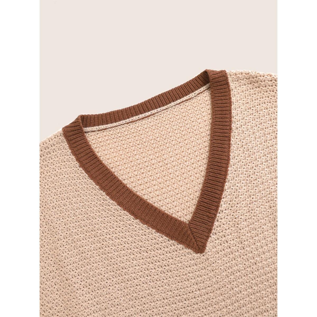 Plus Size Colorblock Contrast Texture Elastic Waist Pullover Maroon Women Casual Long Sleeve V-neck Everyday Pullovers BloomChic 18-20/2X Product Image