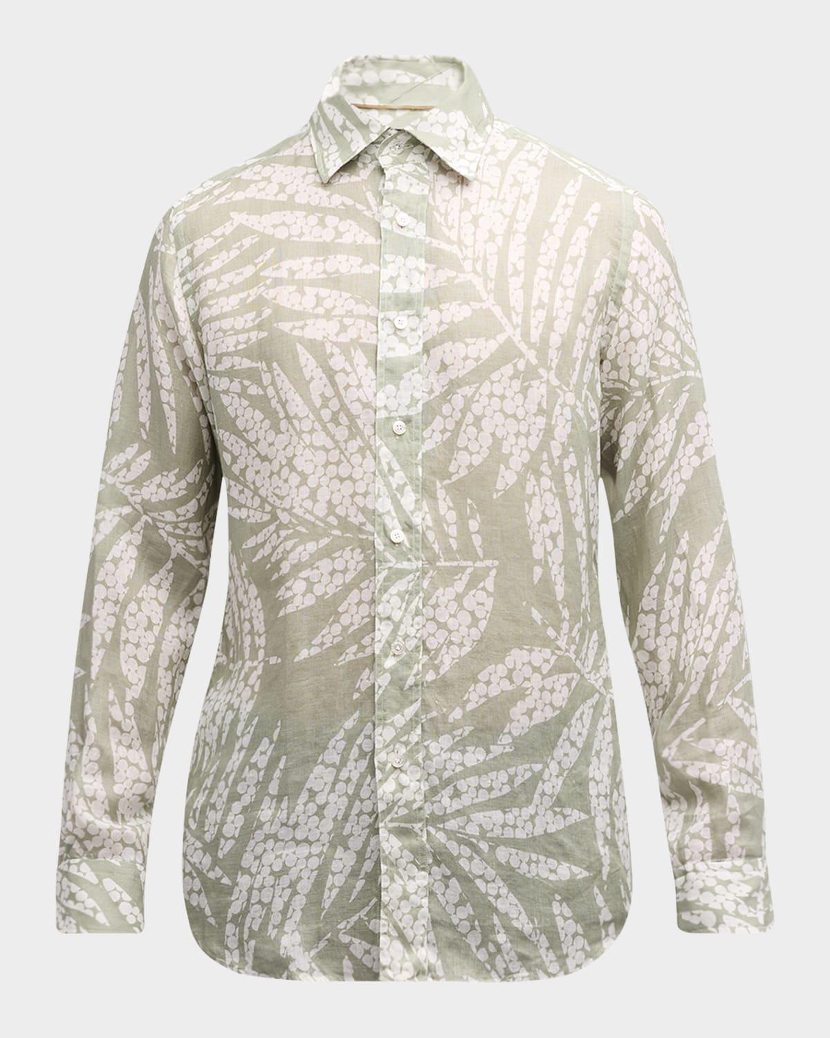 Men's Linen Floral-Print Casual Button-Down Shirt Product Image