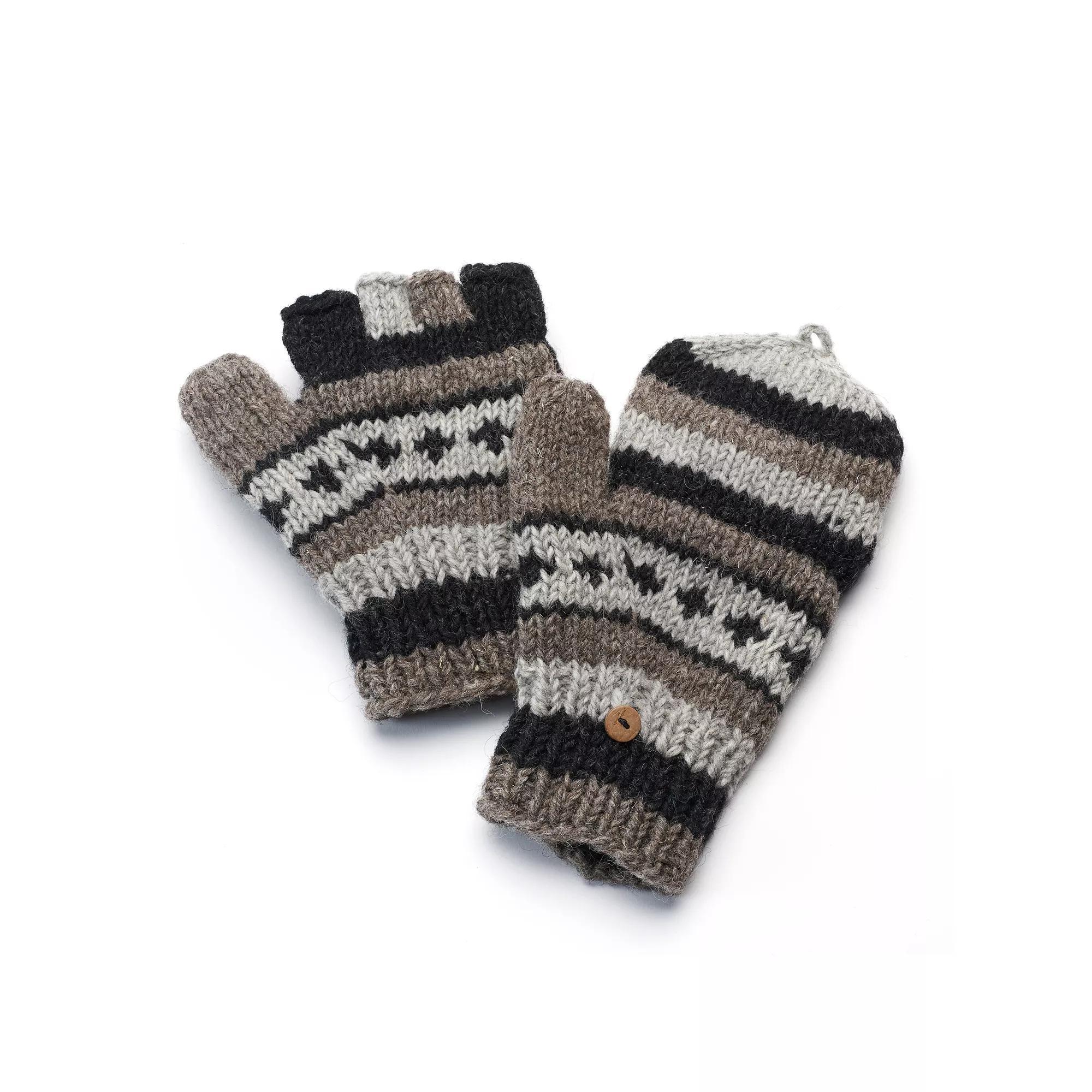 SIJJL Women's Striped Wool Convertible Mittens, Gray Black Ivory Product Image