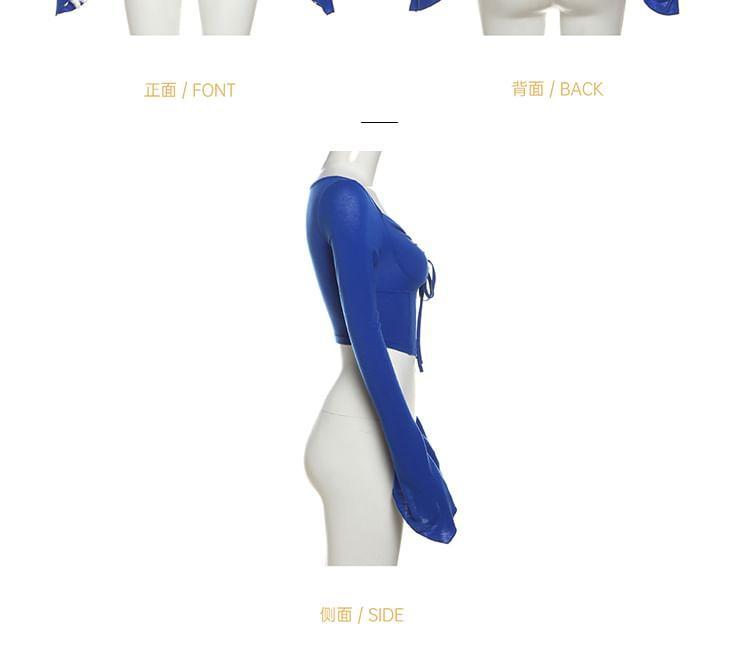 Bell Sleeve Square-Neck Plain Drawstring Slim-Fit Crop Top Product Image
