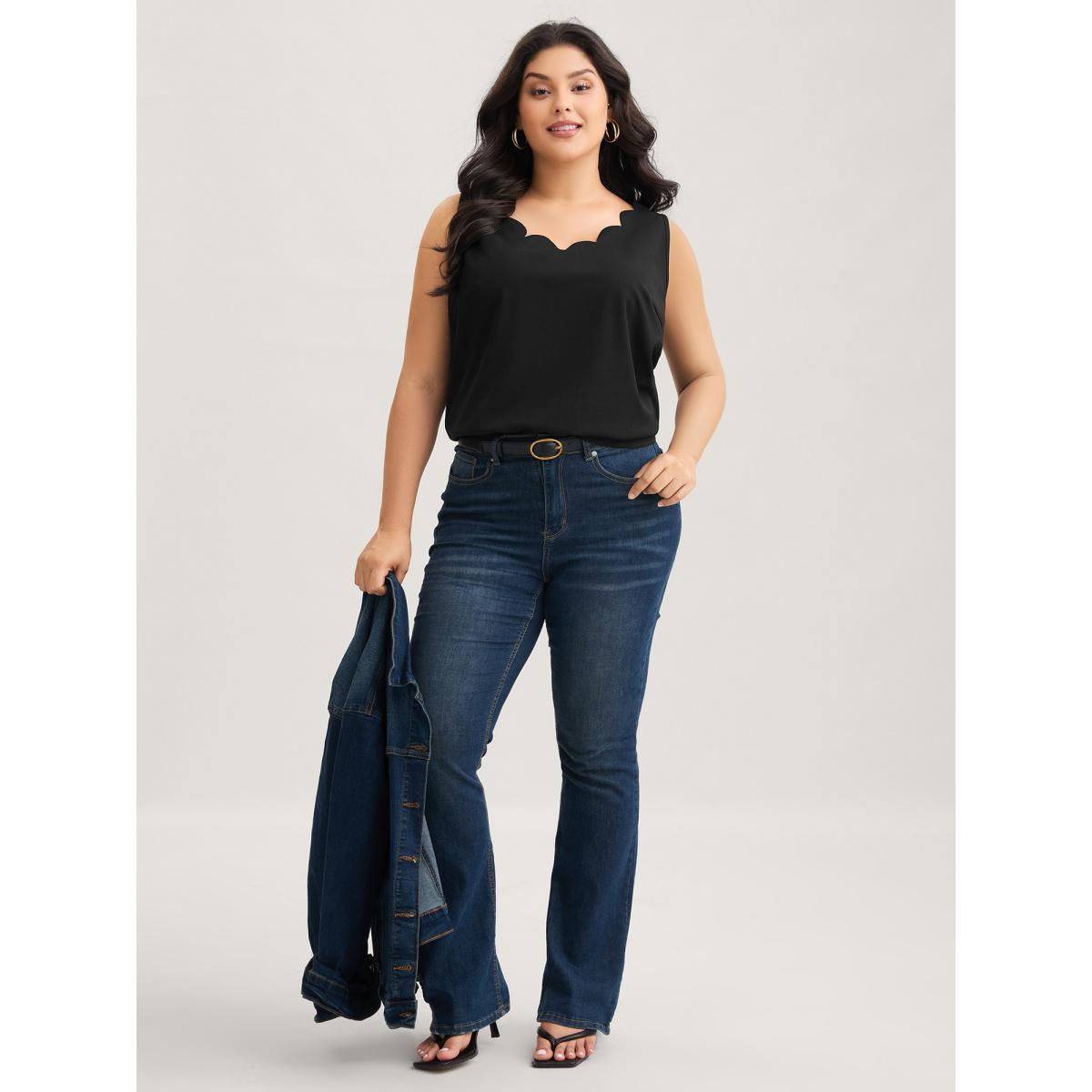 Plus Size Solid V Neck Laser Cut Tank Top Women Black Elegant Non V-neck Everyday Tank Tops Camis BloomChic 14-16/1X Product Image