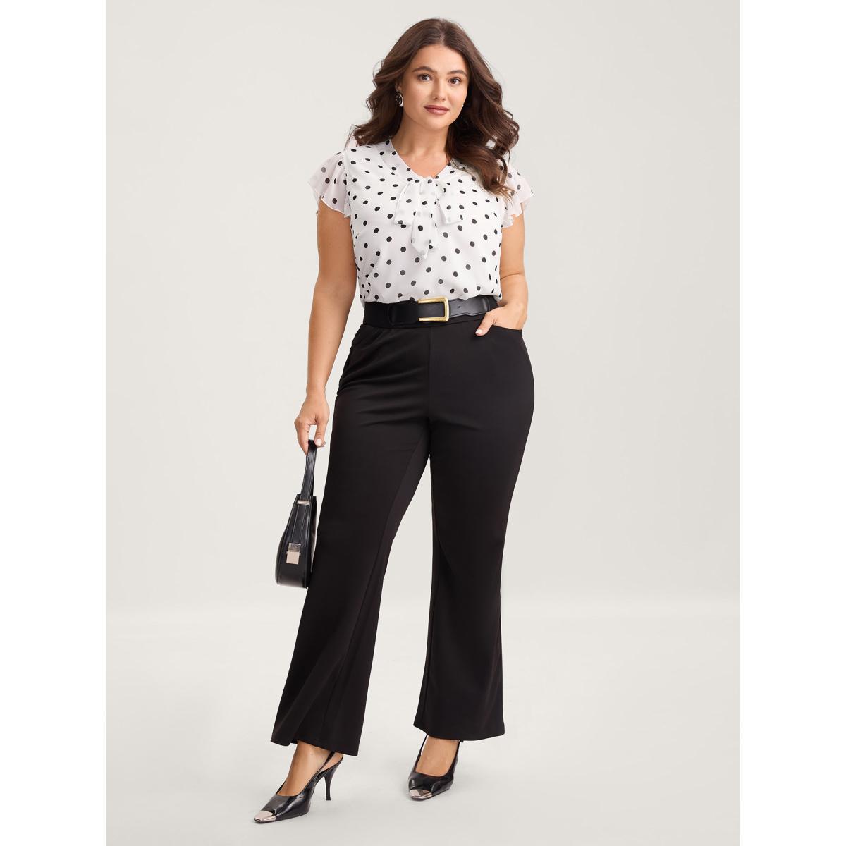 Plus Size Black Polka Dot Ribbon Collar Blouse Women Cap Sleeve Ribbon-tied collar Work Blouses BloomChic 26/4X Product Image