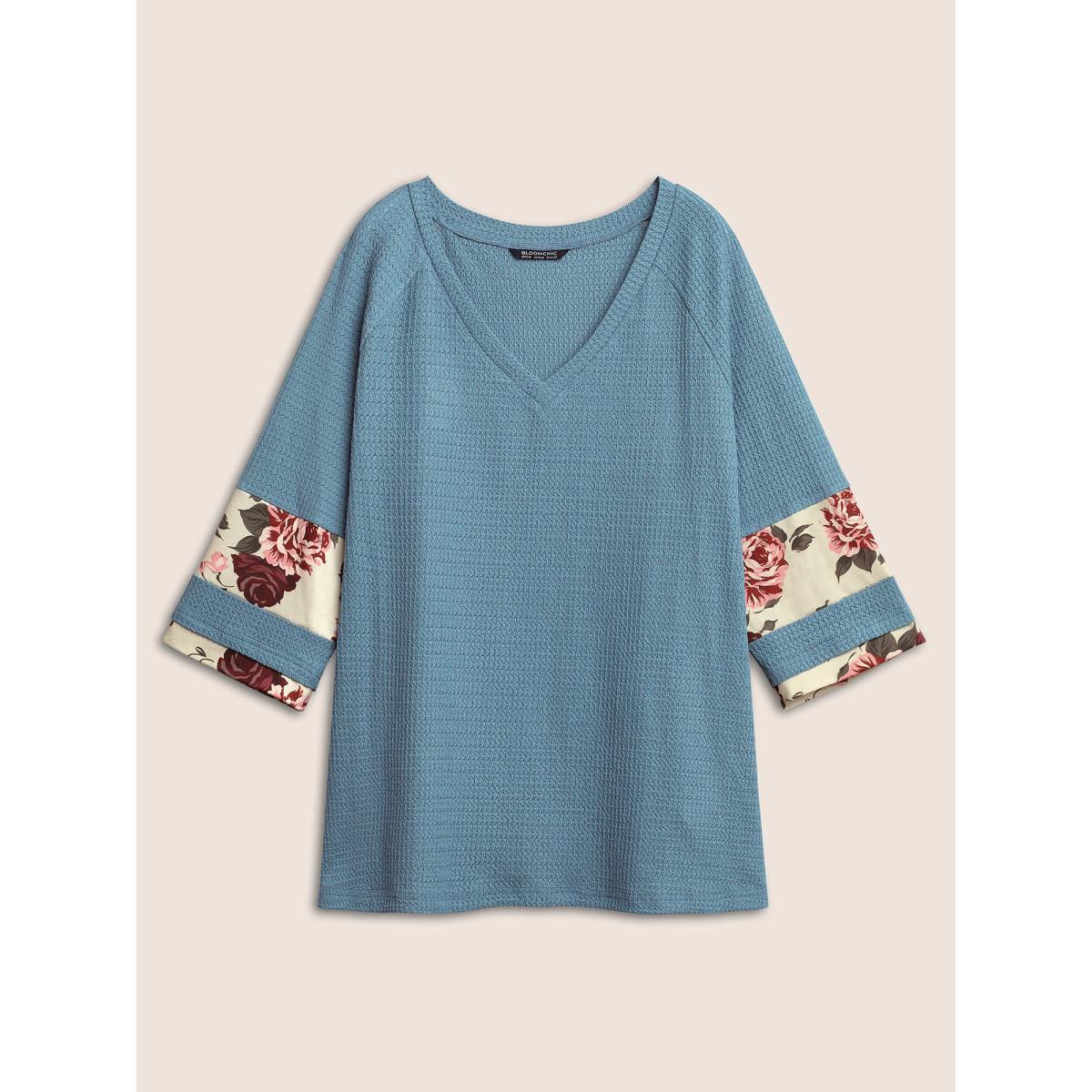 Plus Size Textured Patchwork Floral Raglan Sleeve T-shirt Stone Women Resort Texture Floral V-neck Vacation T-shirts BloomChic 18-20/2X Product Image