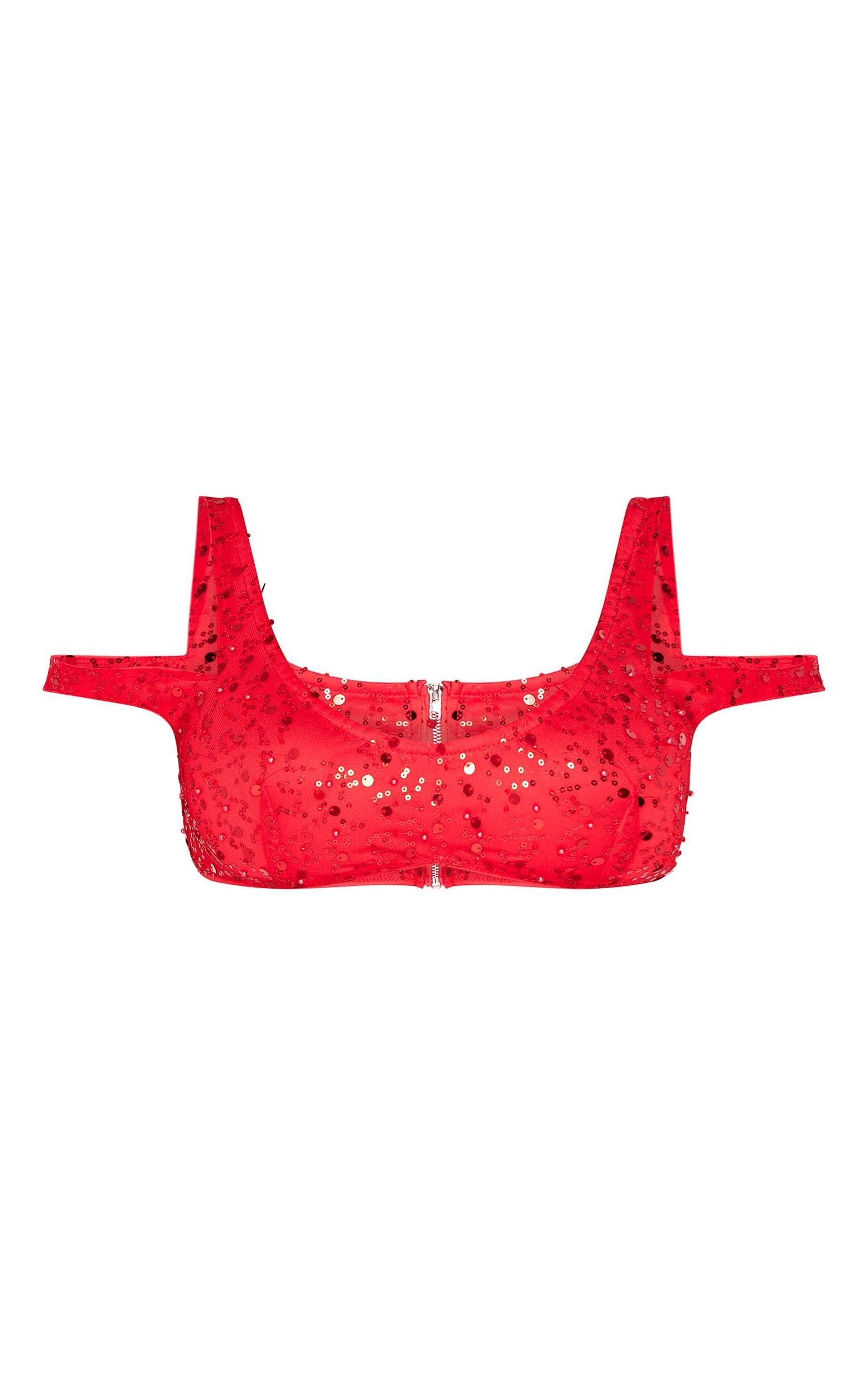 Shape Red Pearl Sequin Bardot Strappy Crop Top Product Image