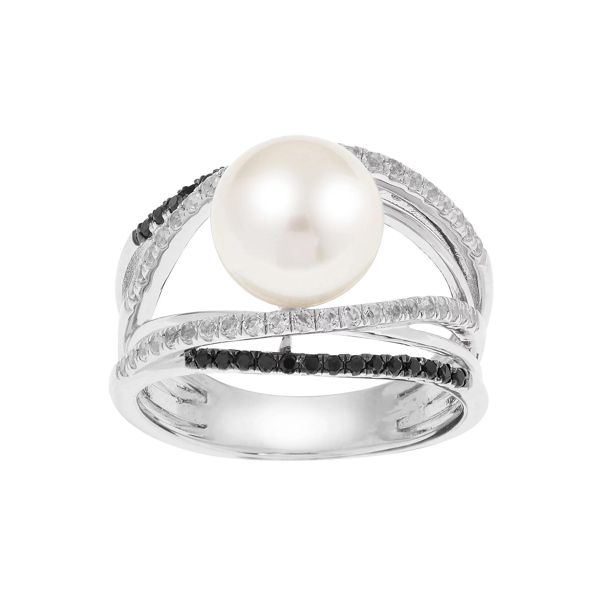 PearLustre by Imperial Sterling Silver Freshwater Cultured Pearl, White Topaz & Black Spinel Split Band Ring, Womens Product Image