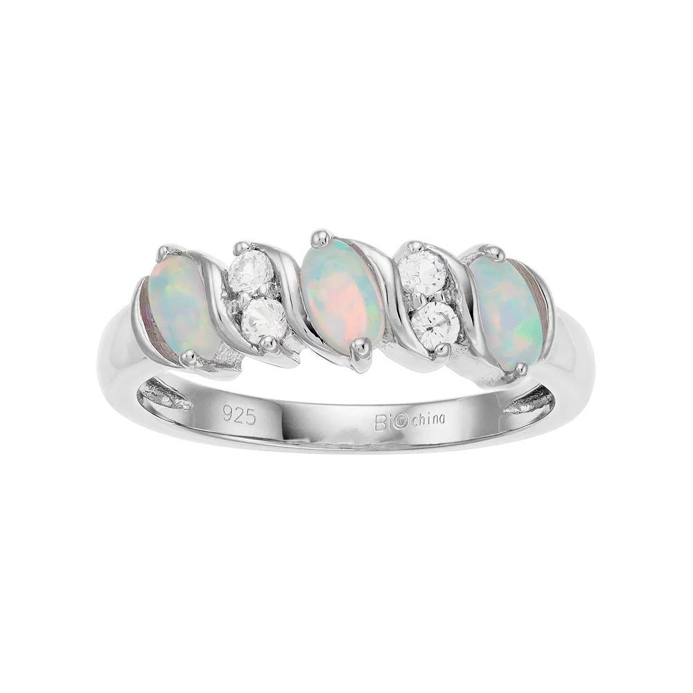 Gemminded Sterling Silver Lab-Created White Opal & White Topaz 3-Stone Ring, Women's, Size: 8 Product Image