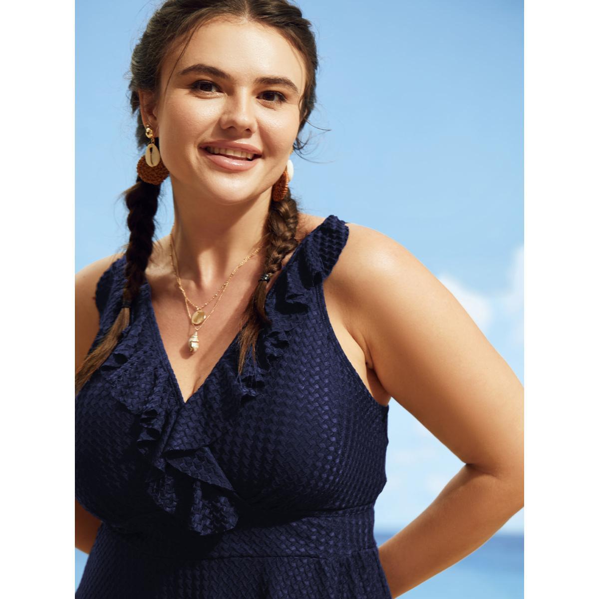 Plus Size V Neck Solid Textured Ruffle Trim Swim Dress Women's Swimwear DarkBlue Beach Bodycon V-neck High stretch Curve Swim Dresses BloomChic 14-16/1X Product Image