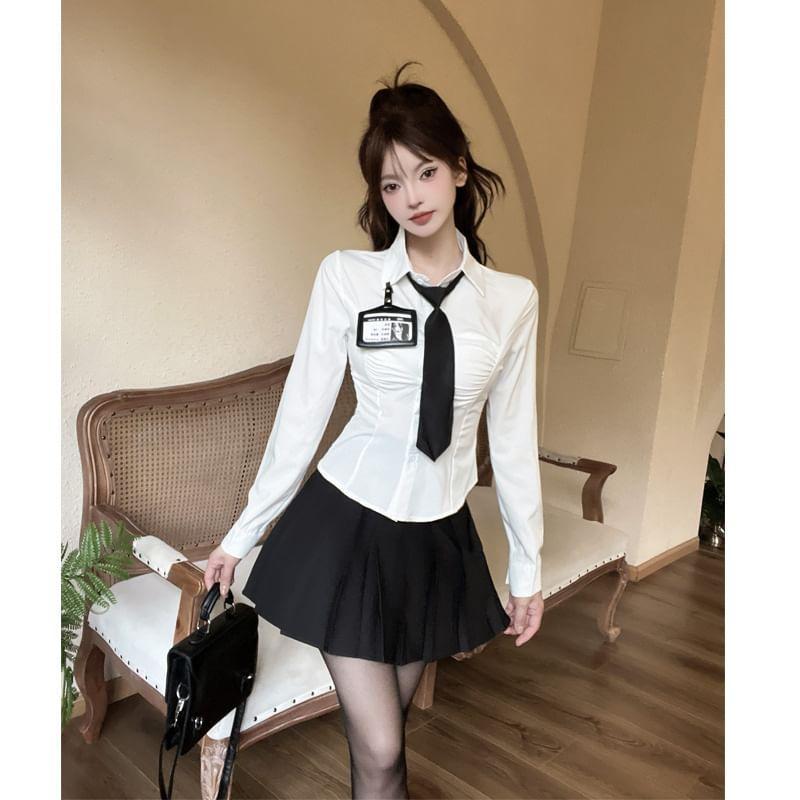 Long-Sleeve Plain Button-Up Crop Shirt / High Waist Pleated Mini A-Line Skirt / Necktie / Name Tag / Set Product Image
