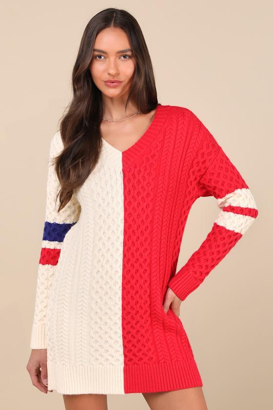 Bold Comfort Ivory and Red Color Block Cable Sweater Mini Dress Product Image
