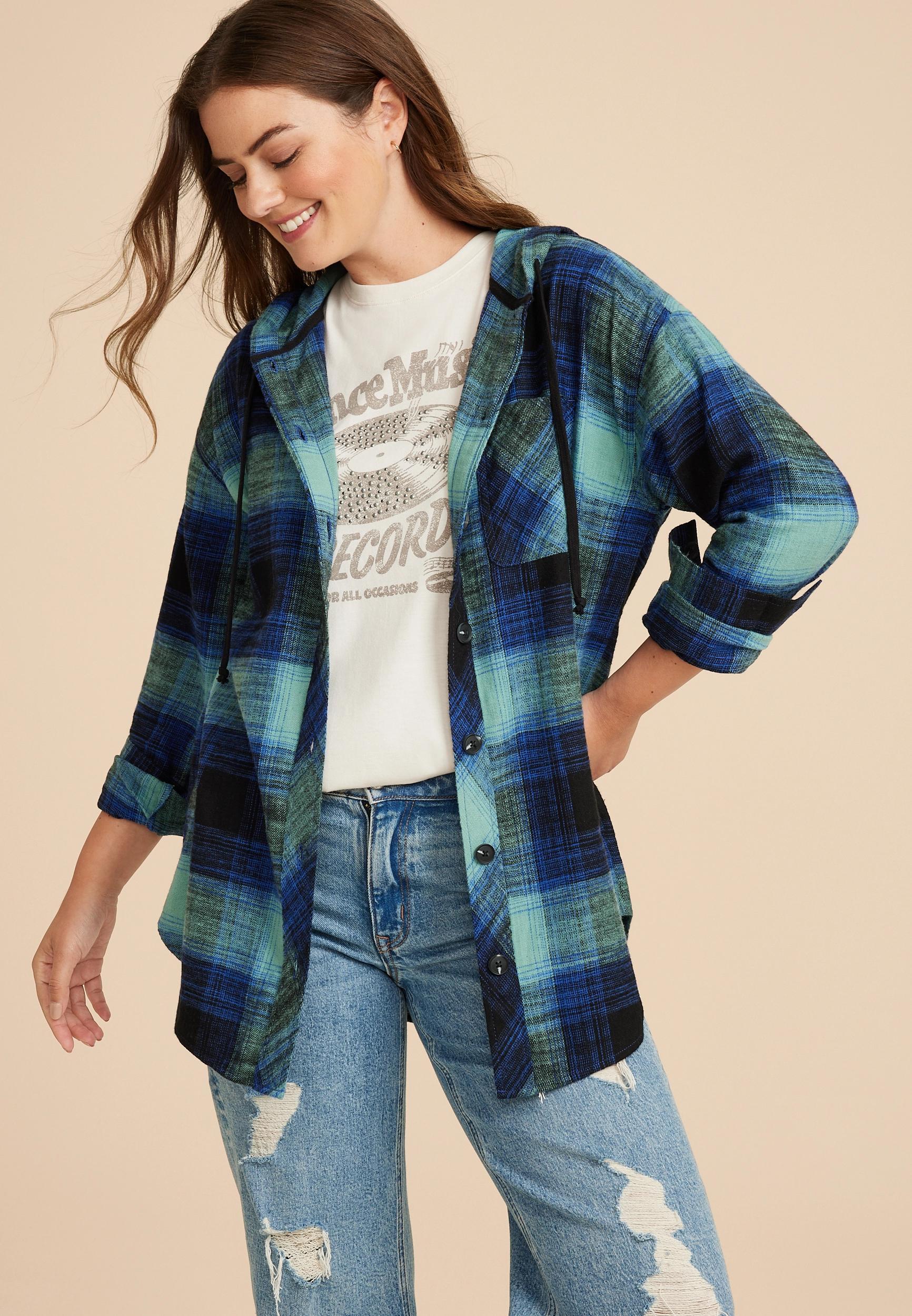 Maurices Womens Cabin Plaid Boyfriend Hooded Button Down Shirt Brown Size X Small Product Image
