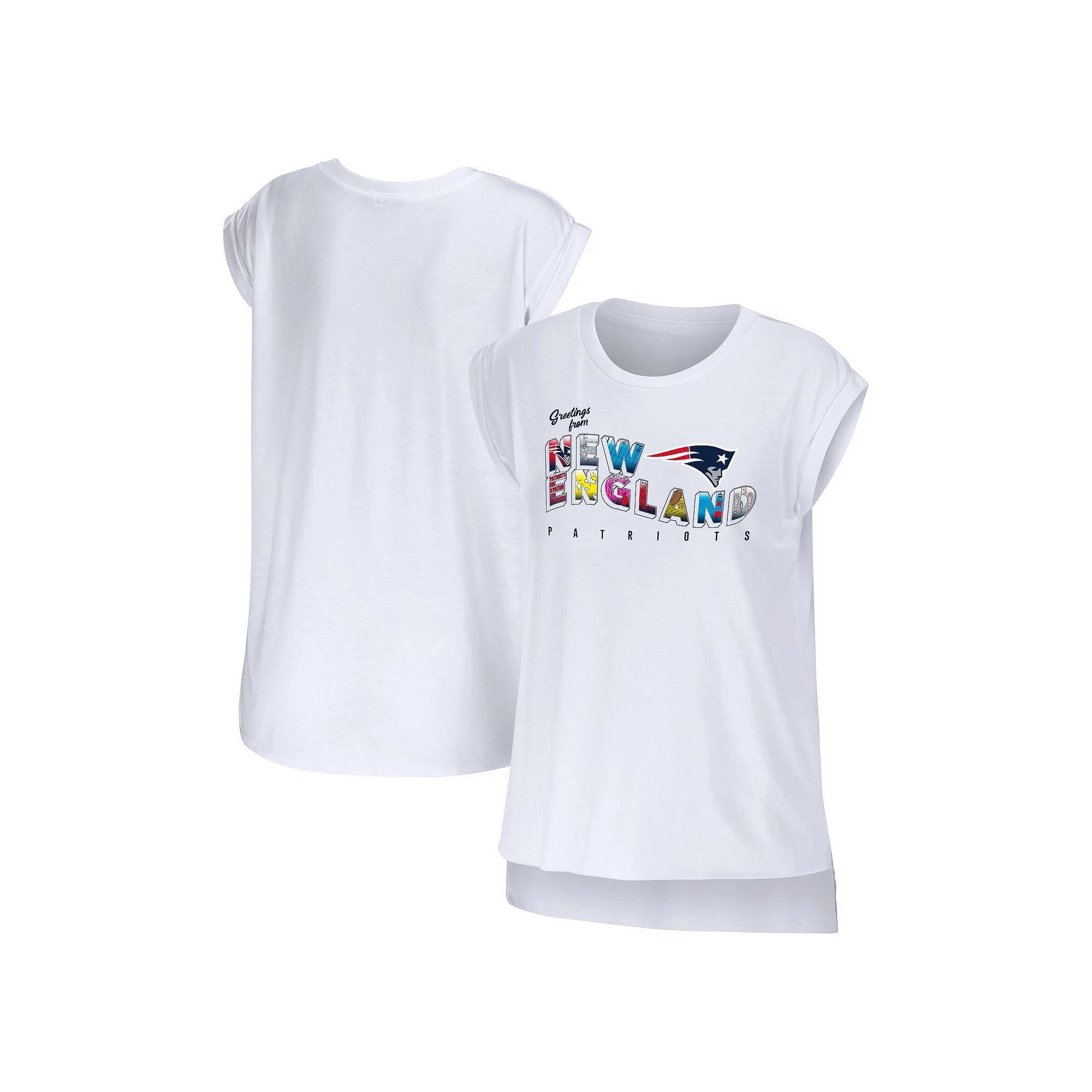 Women's WEAR by Erin Andrews White New England Patriots Greetings From Muscle T-Shirt, Size: XS Product Image