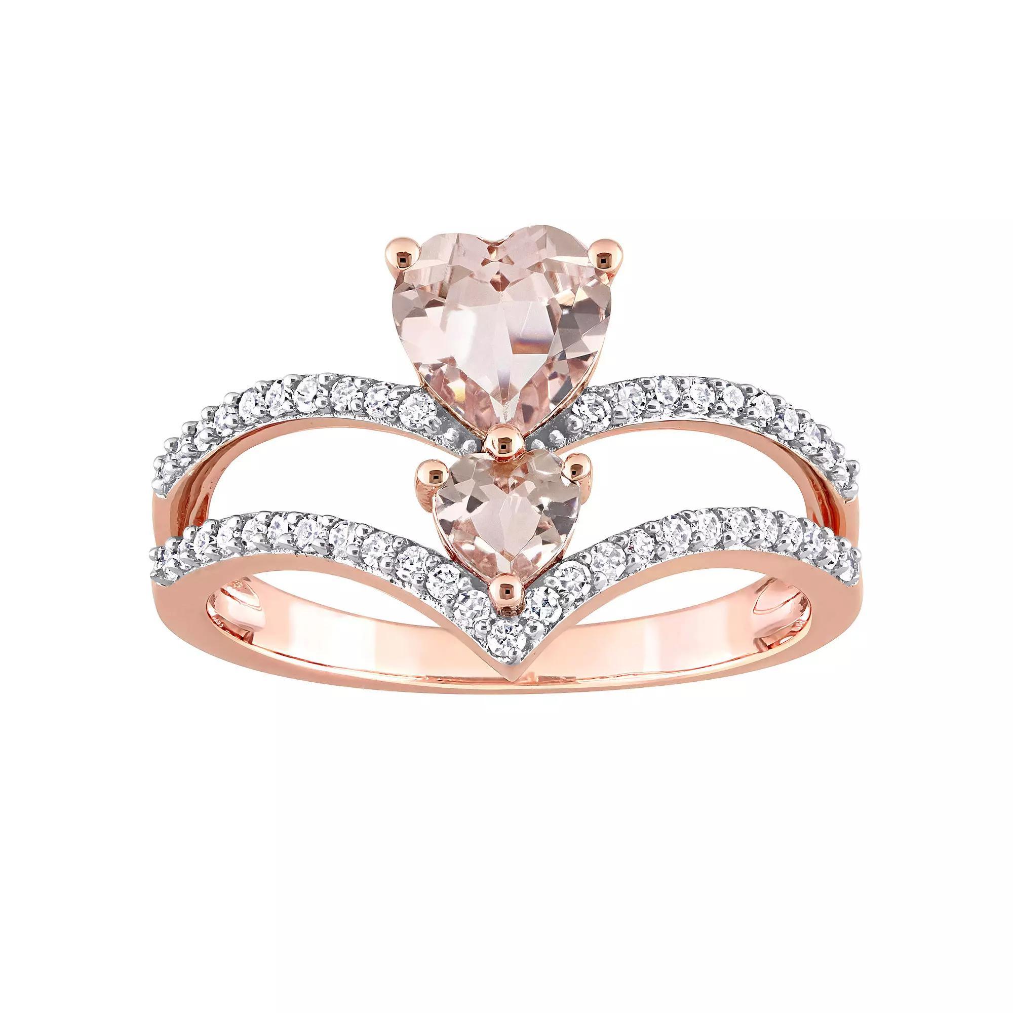 Stella Grace 10k Rose Gold Morganite & 1/4 Carat T.W. Diamond 2-Stone Heart Open Ring, Women's, Size: 8 Product Image