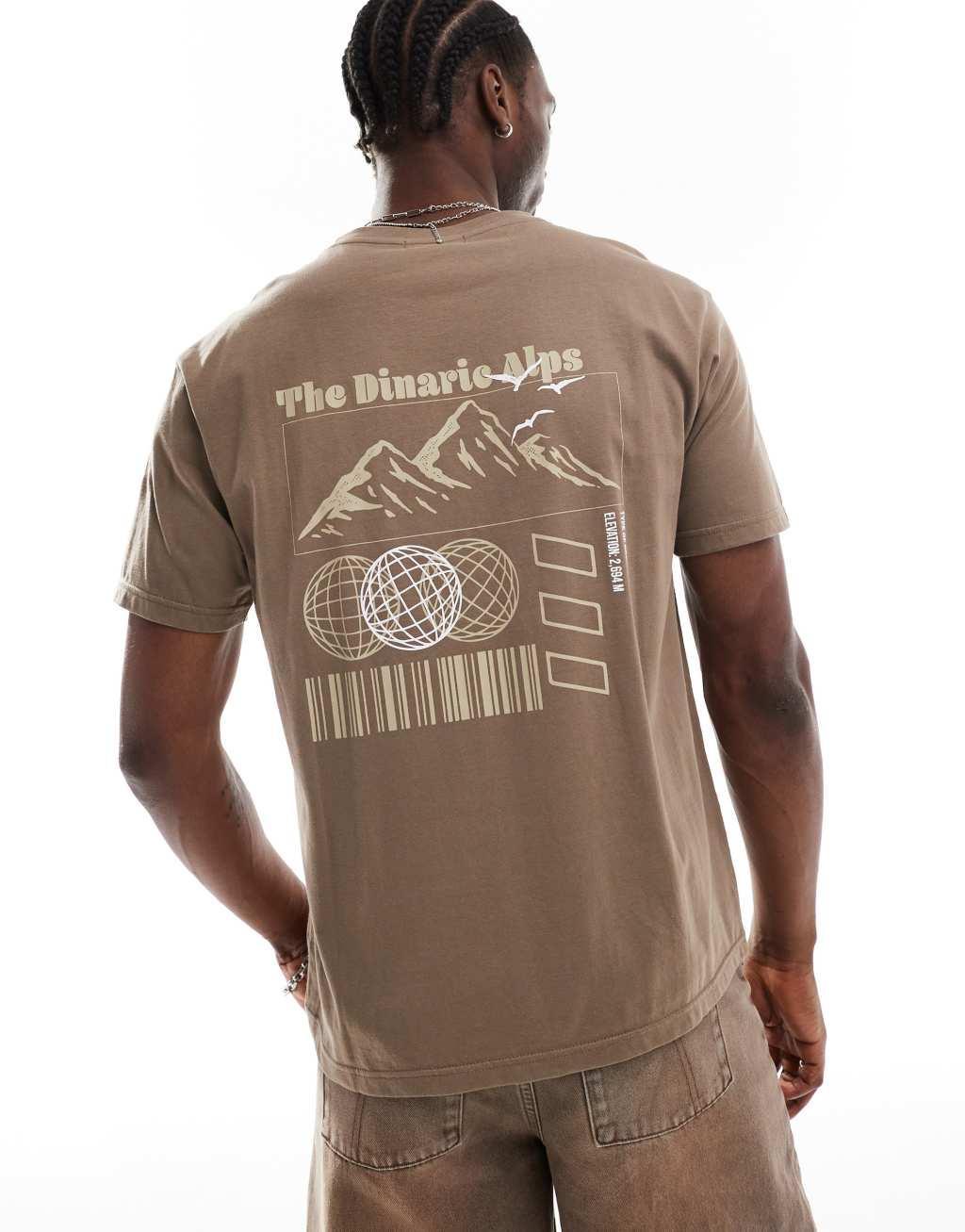 Another Influence mountain range slogan boxy t-shirt in washed tan Product Image