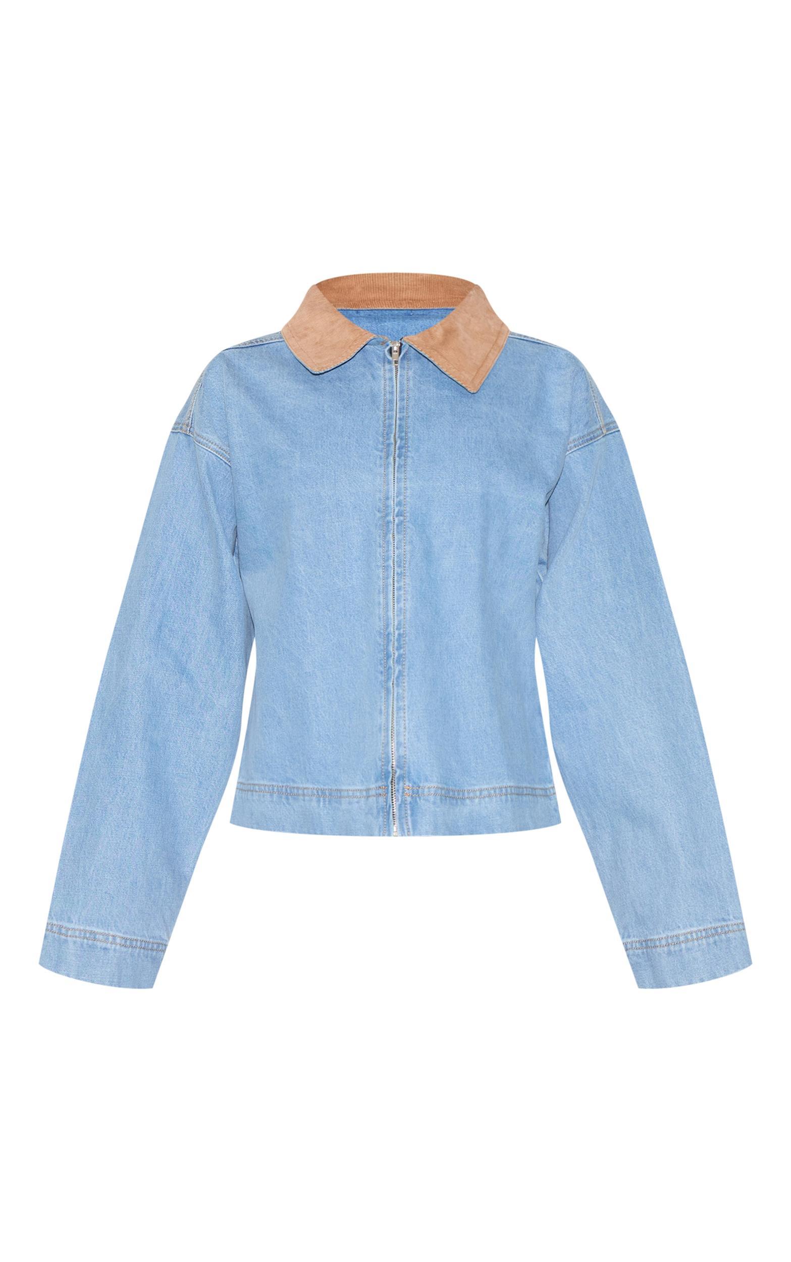 Tall Mid Blue Wash Suede Collar Denim Bomber Jacket Product Image
