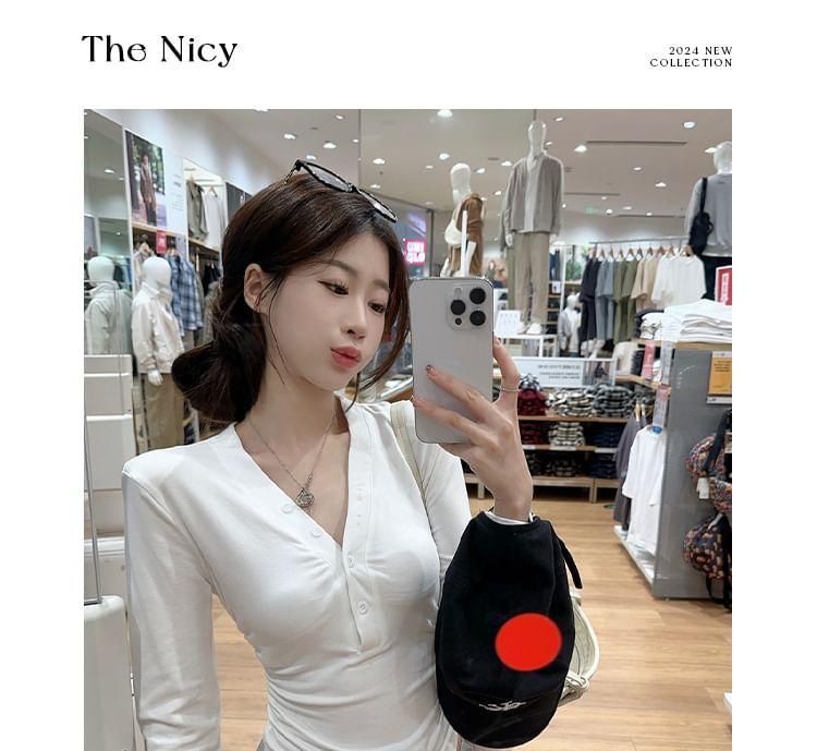 Long Sleeve V-Neck Plain Button Ruched T-Shirt Product Image