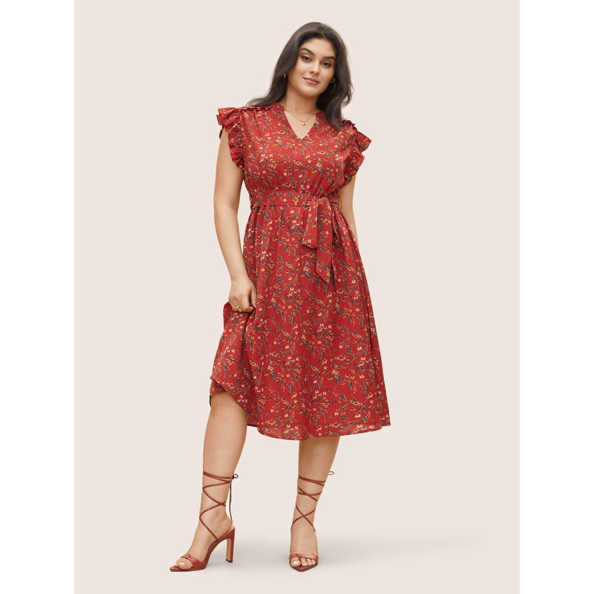 Plus Size Floral Print Frill Notched Flutter Sleeve Dress Raspberry Women Elegant Non Notched collar Sleeveless Curvy Midi Dress BloomChic 22-24/3X Product Image