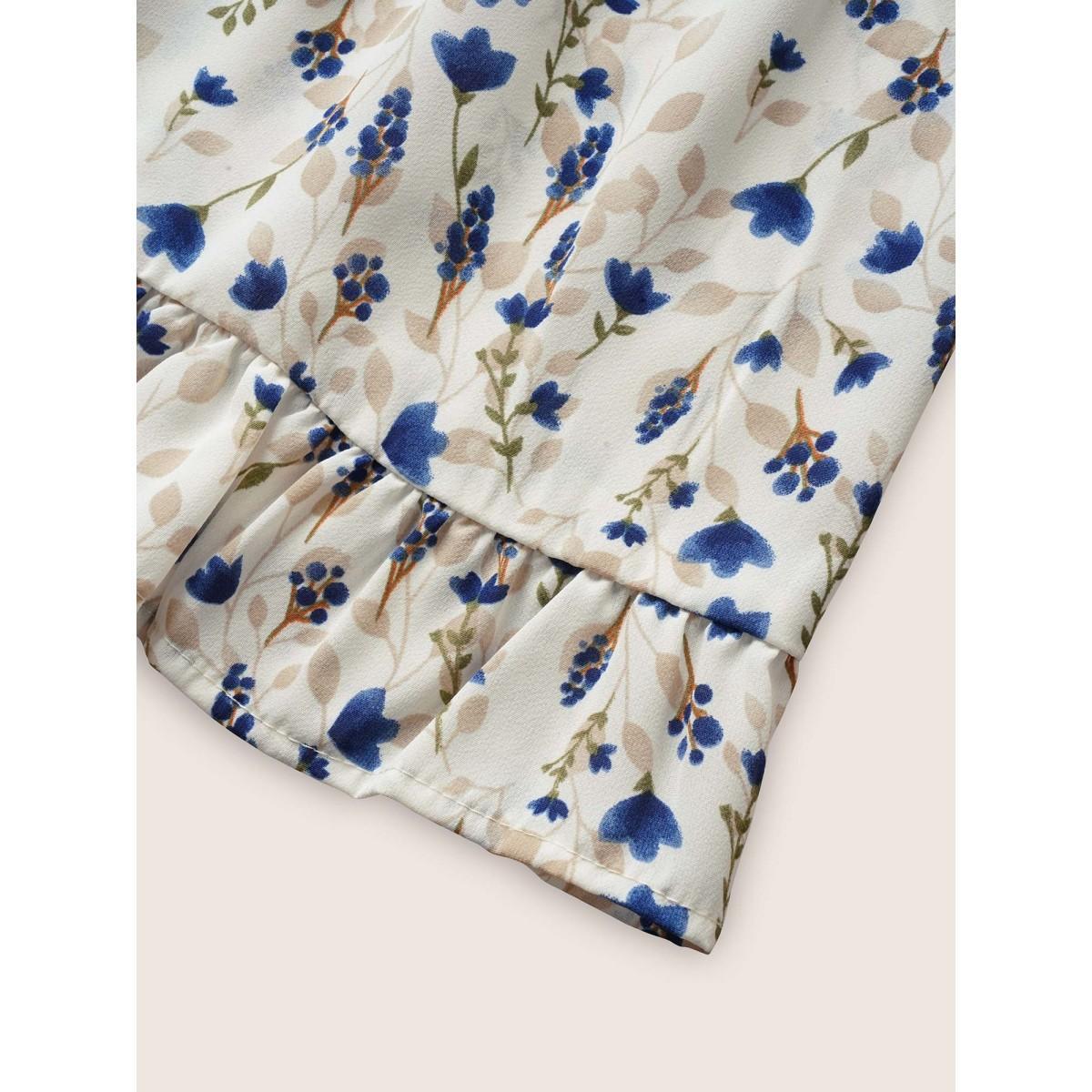 Plus Size Ivory Ditsy Floral Ruffles Shirred Puff Sleeve Blouse Women Elegant Half Sleeve Square Neck Everyday Blouses BloomChic 18-20/2X Product Image