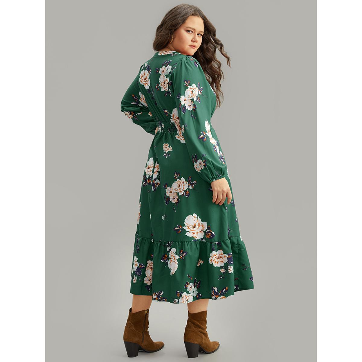 Plus Size Floral Print Notched Shirred Elastic Cuffs Dress DarkGreen Women Elegant Elastic cuffs Notched collar Long Sleeve Curvy Midi Dress BloomChic 14-16/1X Product Image