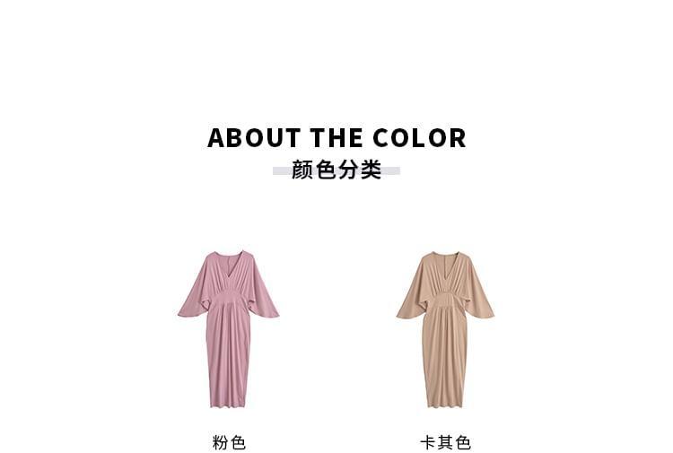 Long Sleeve V-Neck Plain Gathered Slit Maxi Sheath Dress Product Image