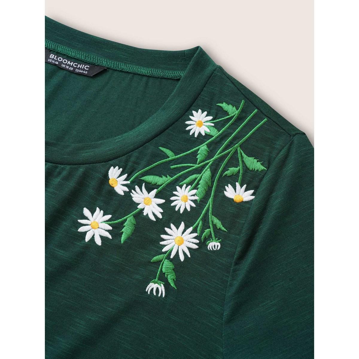 Plus Size Floral Embroidered Roll Sleeve T-shirt DarkGreen Women Elegant Roll Hem Plants Round Neck Everyday T-shirts BloomChic 28/5X Product Image