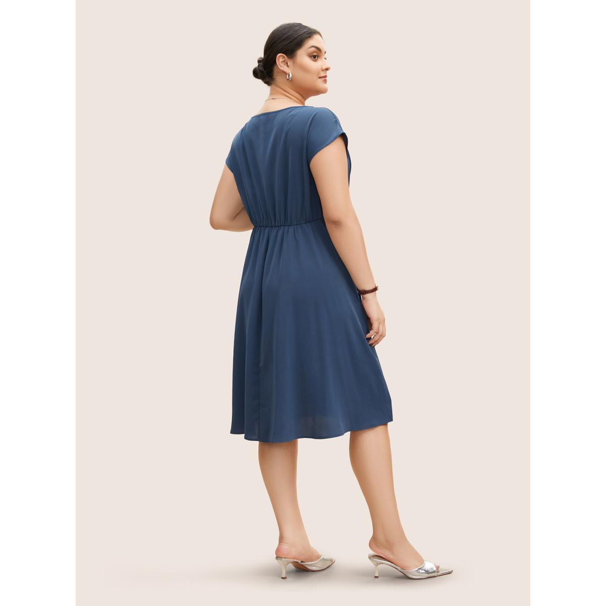 Plus Size Round Neck Striped Tie Knot Cap Sleeve Dress DarkBlue Women At the Office Tie knot Round Neck Cap Sleeve Curvy BloomChic 30/6X Product Image