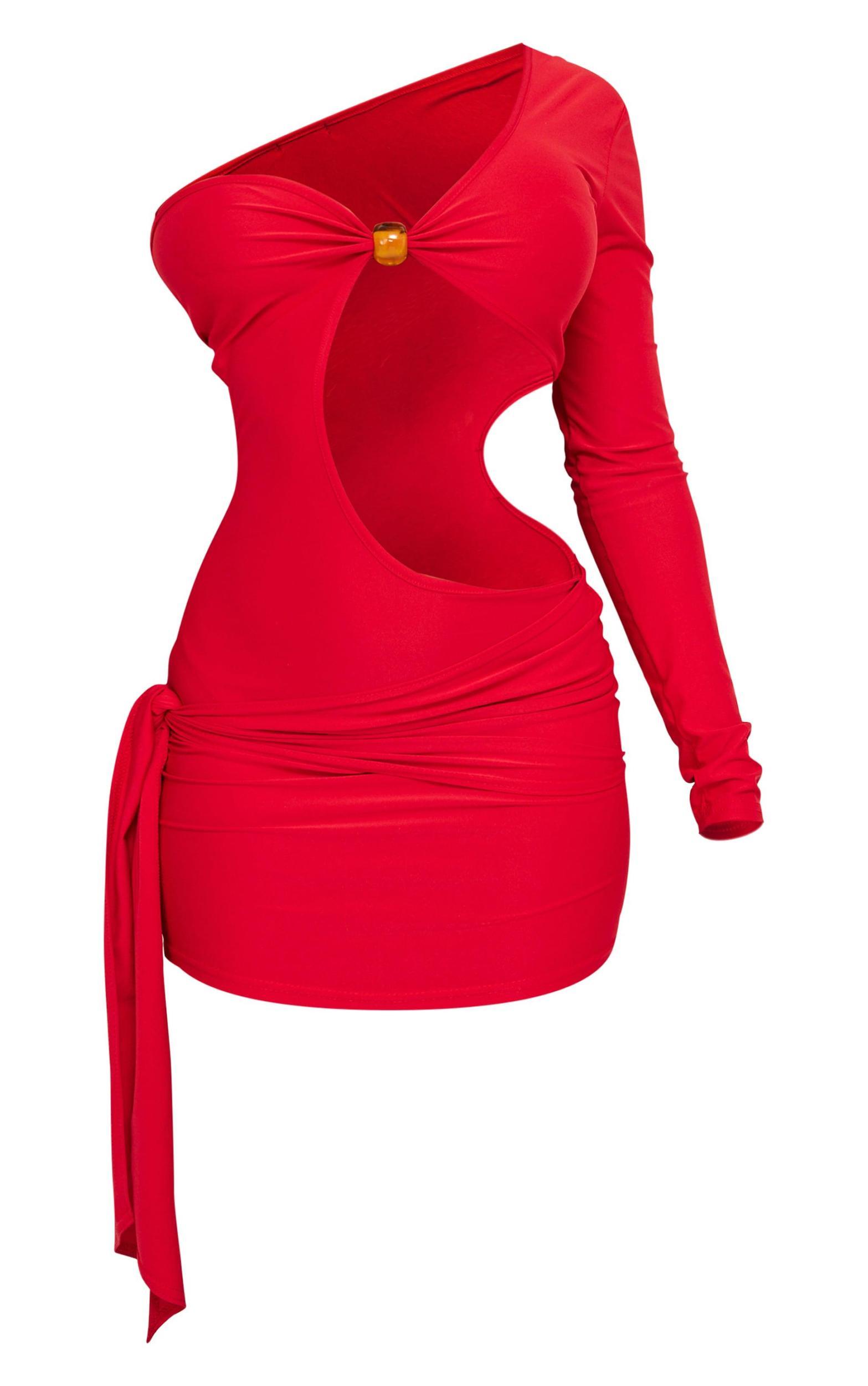 Red One Sleeve Trim Detail Mini Dress Product Image