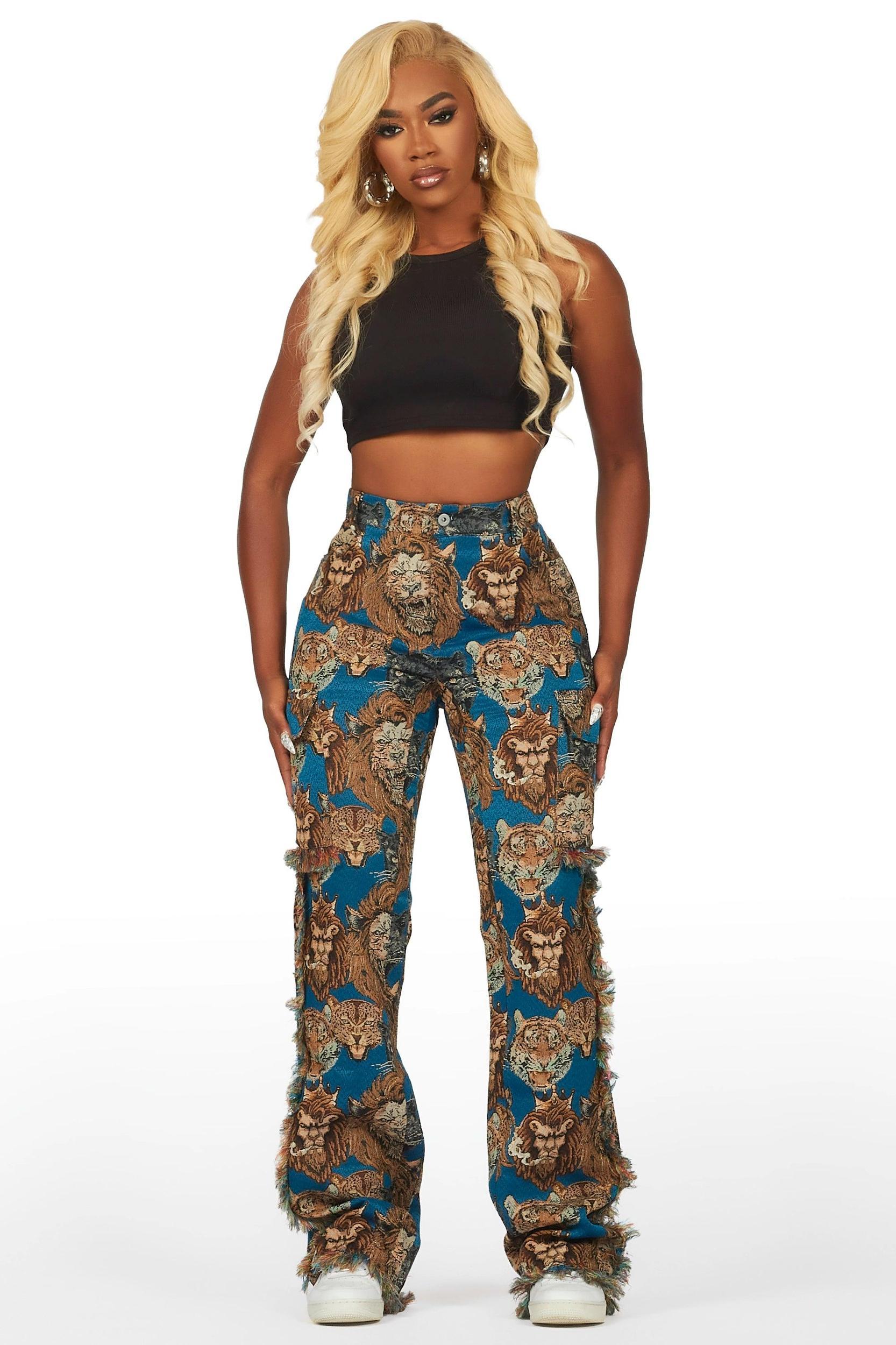 Khadiyah Blue Animal Print Tapestry Stacked Pant Female Product Image