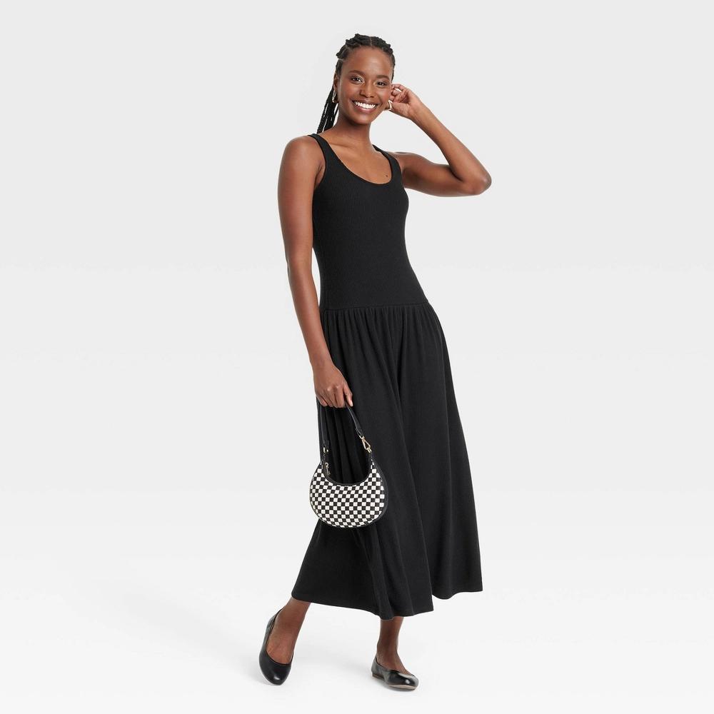 Womens Drop Waist Knit Midi Slip Dress - Universal Thread Black L: Rayon, Recycled Polyester, Spandex, Ribbed Product Image