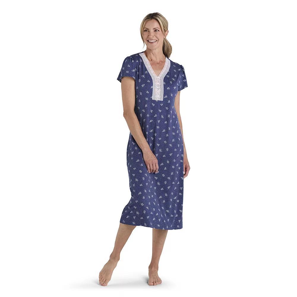 Women's Miss Elaine Essentials Micro Velvet Long Nightgown, Size: Small, Blue Floral Product Image