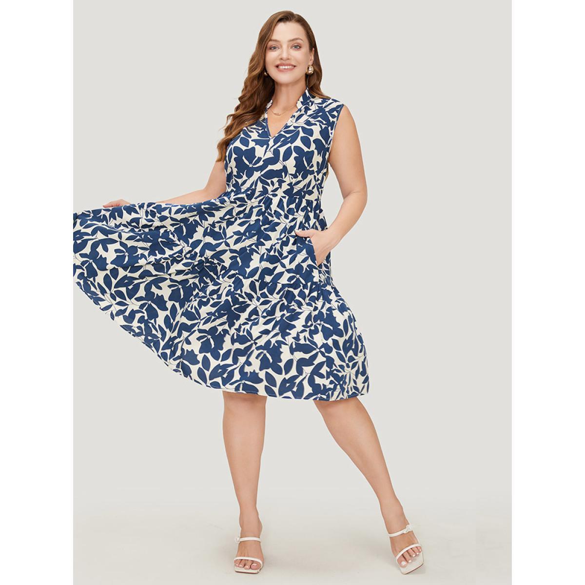 Plus Size Floral Ptrint Pocket Ruffle Tiered Stand Collar Tank Dress DarkBlue Women Elegant Tiered Stand-up collar Sleeveless Curvy Knee Dress BloomChic 12/L Product Image