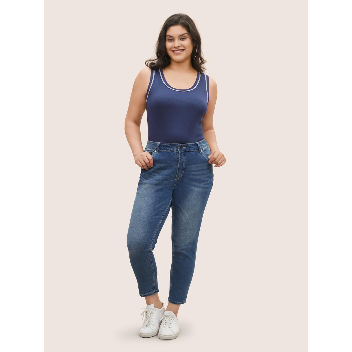 Plus Size Rib Knit Contrast Topstitching Tank Top Women Indigo Casual Topstitching U-neck Everyday Tank Tops Camis BloomChic 30/6X Product Image