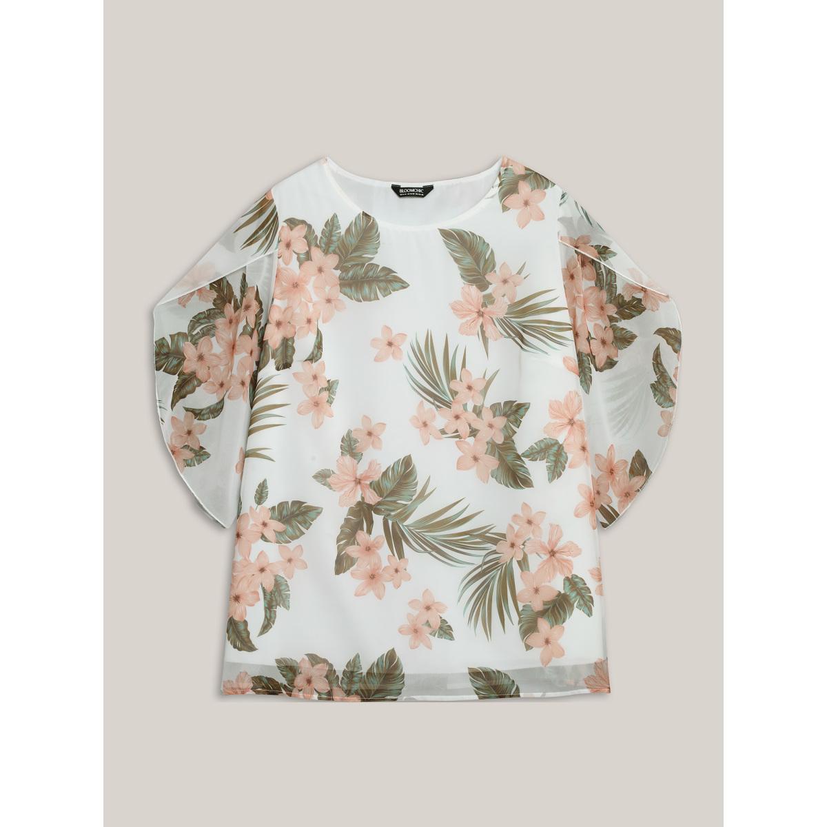 Plus Size WhiteSmoke Petal Sleeve Floral Round Neck Shirt Women Elegant Elbow-length sleeve Round Neck Everyday Blouses BloomChic 28/5X Product Image